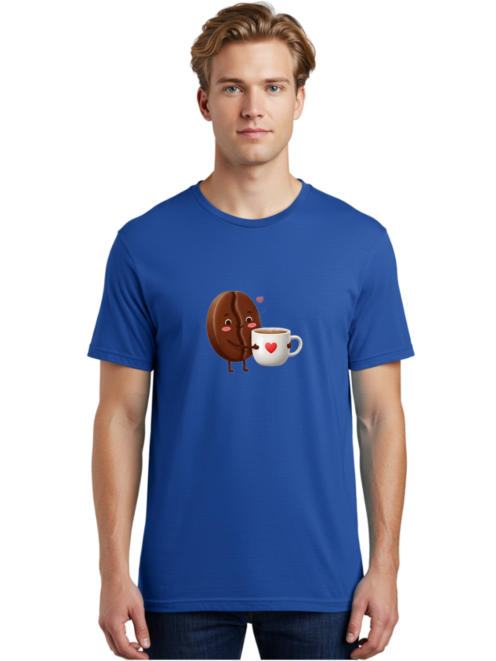 Chocolate-Cookie-Hugging-Coffee-Mug Men'S Graphic Tee, 100% Cotton, Comfortable Casual Summer Wear, Machine Washable, Chocolate Cookie, Cute Character, Coffee Mug, Heart Design, Adorable Scene, Sweet Treats, Cartoon Characters, Bab739