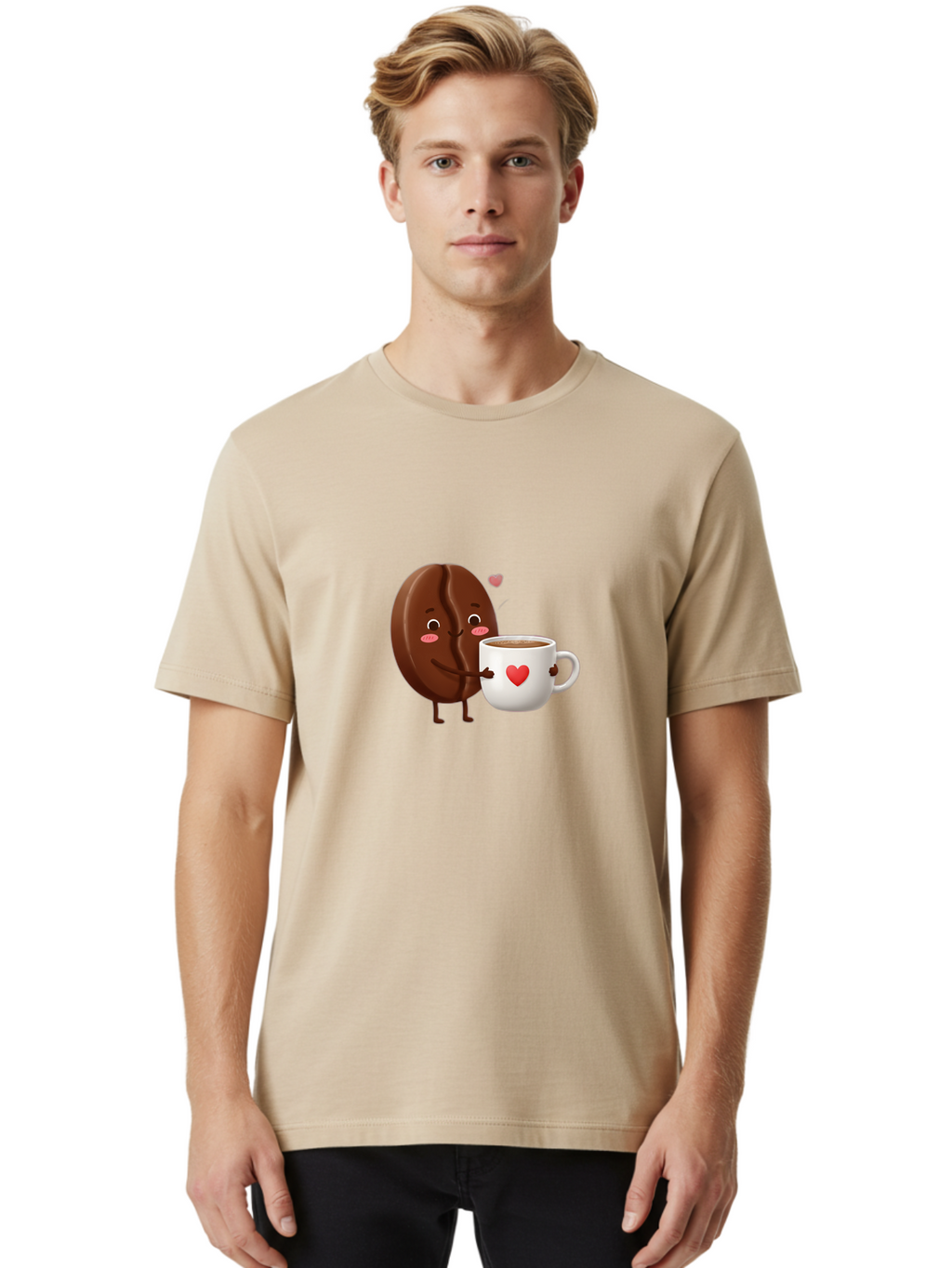 Chocolate-Cookie-Hugging-Coffee-Mug Men'S Graphic Tee, 100% Cotton, Comfortable Casual Summer Wear, Machine Washable, Chocolate Cookie, Cute Character, Coffee Mug, Heart Design, Adorable Scene, Sweet Treats, Cartoon Characters, Bab739