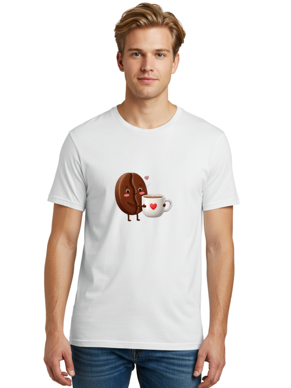Chocolate-Cookie-Hugging-Coffee-Mug Men'S Graphic Tee, 100% Cotton, Comfortable Casual Summer Wear, Machine Washable, Chocolate Cookie, Cute Character, Coffee Mug, Heart Design, Adorable Scene, Sweet Treats, Cartoon Characters, Bab739