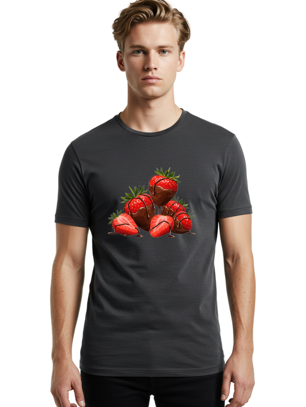 Chocolate-Covered-Strawberries-1 Men'S Graphic Tee, 100% Cotton, Comfortable Casual Summer Wear, Machine Washable, Chocolate Covered Strawberries, Sweet Treats, Indulgent Dessert, Ripe Strawberries, Chocolate Drizzle, Decadent, Luxurious, Bab740
