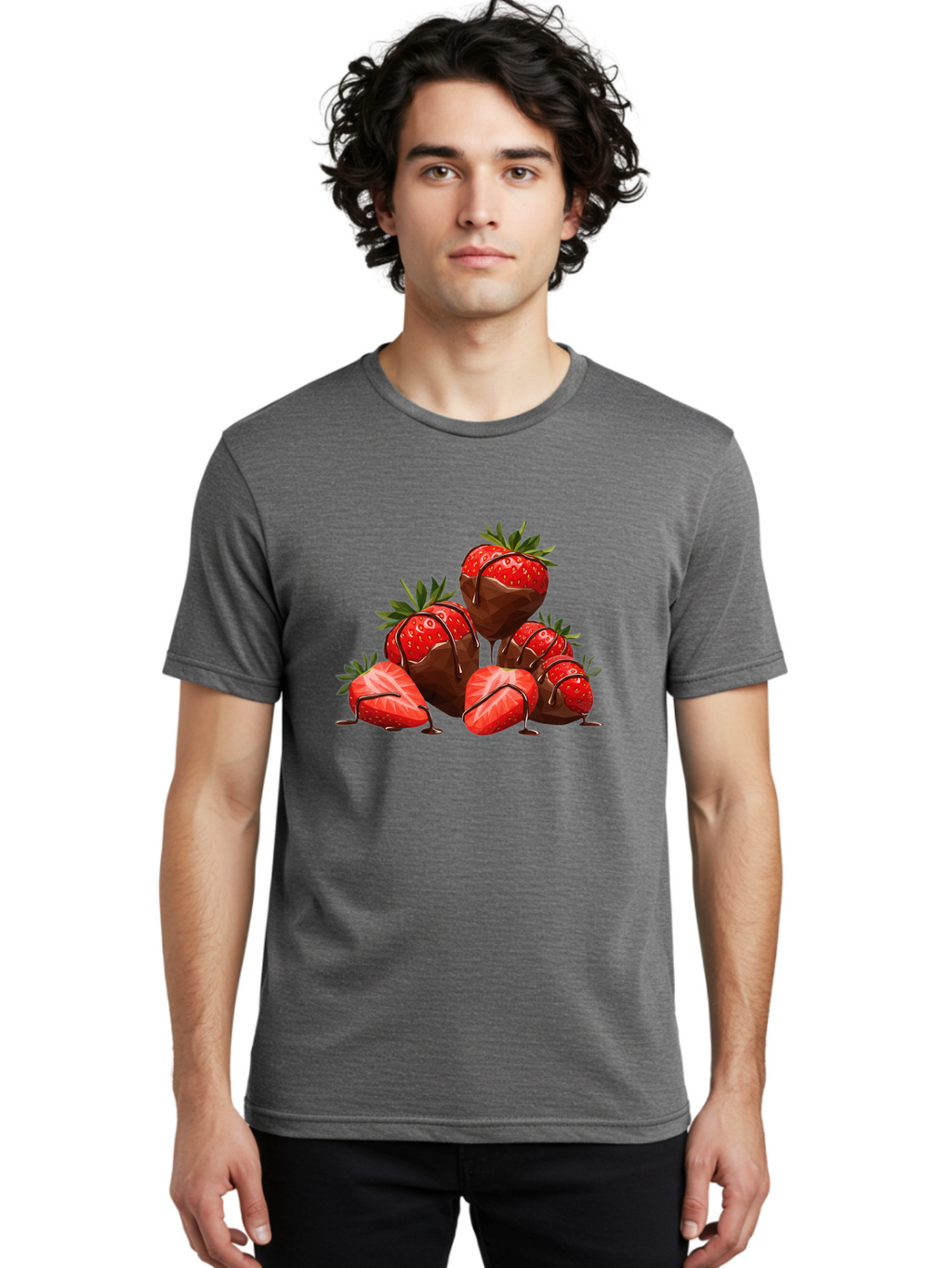 Chocolate-Covered-Strawberries-1 Men'S Graphic Tee, 100% Cotton, Comfortable Casual Summer Wear, Machine Washable, Chocolate Covered Strawberries, Sweet Treats, Indulgent Dessert, Ripe Strawberries, Chocolate Drizzle, Decadent, Luxurious, Bab740