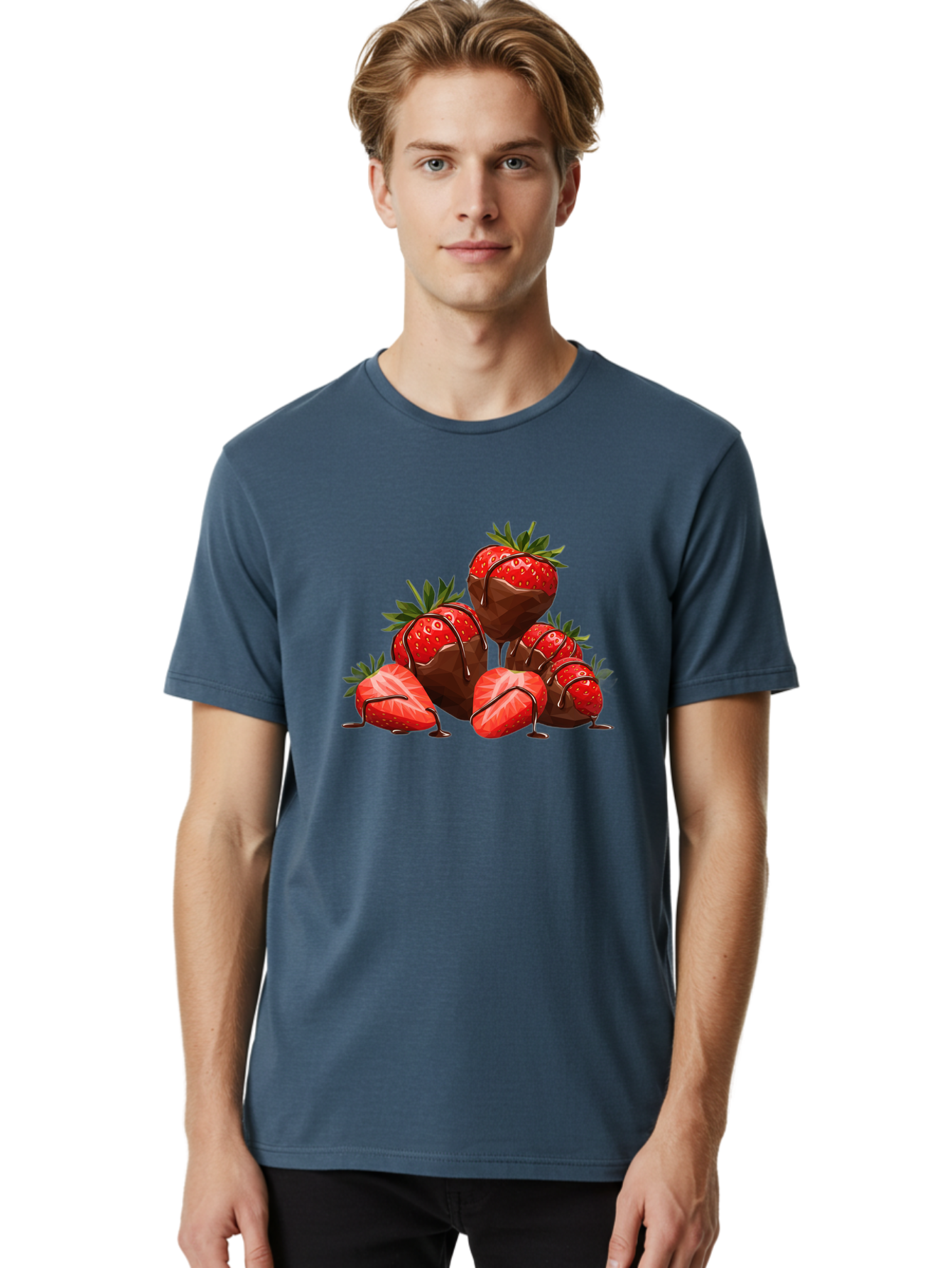Chocolate-Covered-Strawberries-1 Men'S Graphic Tee, 100% Cotton, Comfortable Casual Summer Wear, Machine Washable, Chocolate Covered Strawberries, Sweet Treats, Indulgent Dessert, Ripe Strawberries, Chocolate Drizzle, Decadent, Luxurious, Bab740