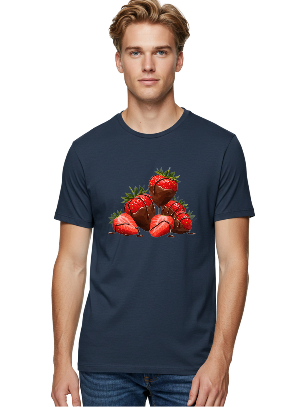Chocolate-Covered-Strawberries-1 Men'S Graphic Tee, 100% Cotton, Comfortable Casual Summer Wear, Machine Washable, Chocolate Covered Strawberries, Sweet Treats, Indulgent Dessert, Ripe Strawberries, Chocolate Drizzle, Decadent, Luxurious, Bab740