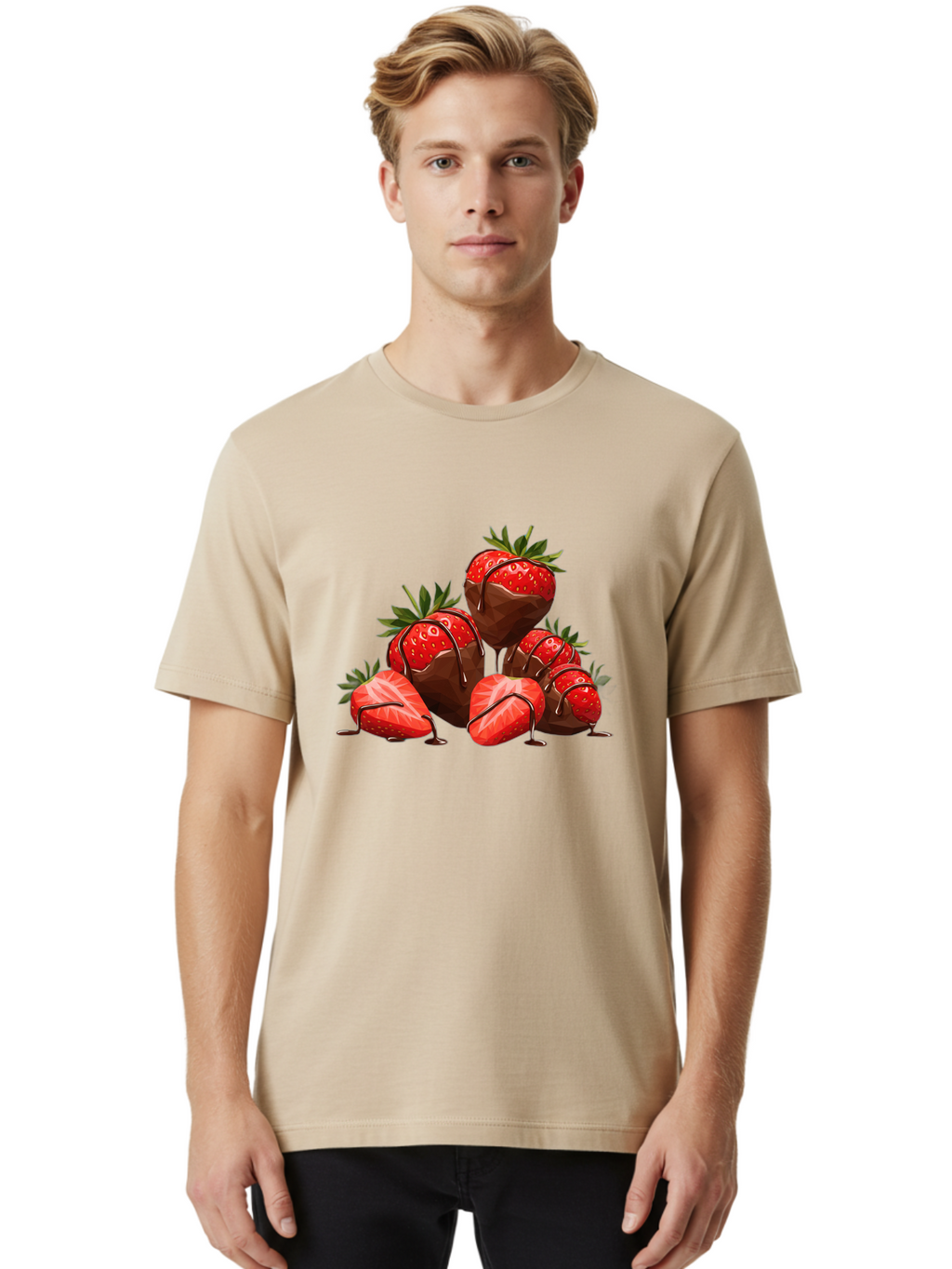 Chocolate-Covered-Strawberries-1 Men'S Graphic Tee, 100% Cotton, Comfortable Casual Summer Wear, Machine Washable, Chocolate Covered Strawberries, Sweet Treats, Indulgent Dessert, Ripe Strawberries, Chocolate Drizzle, Decadent, Luxurious, Bab740