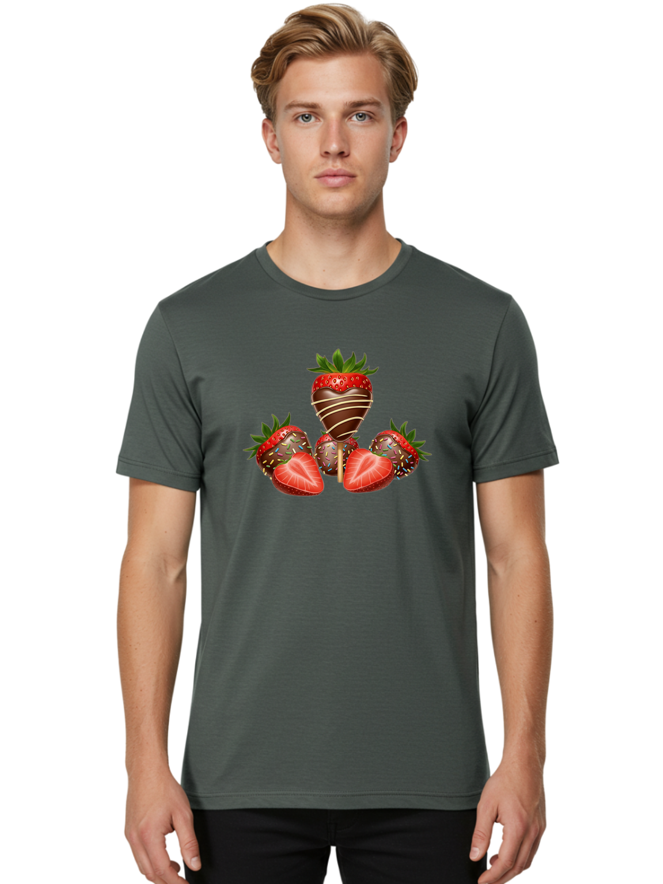 Chocolate-Covered-Strawberries-2 Men'S Graphic Tee, 100% Cotton, Comfortable Casual Summer Wear, Machine Washable, Chocolate Covered Strawberries, Sweet Treats, Dessert Ideas, Strawberry Desserts, Chocolate Drizzled Strawberries, Bab741