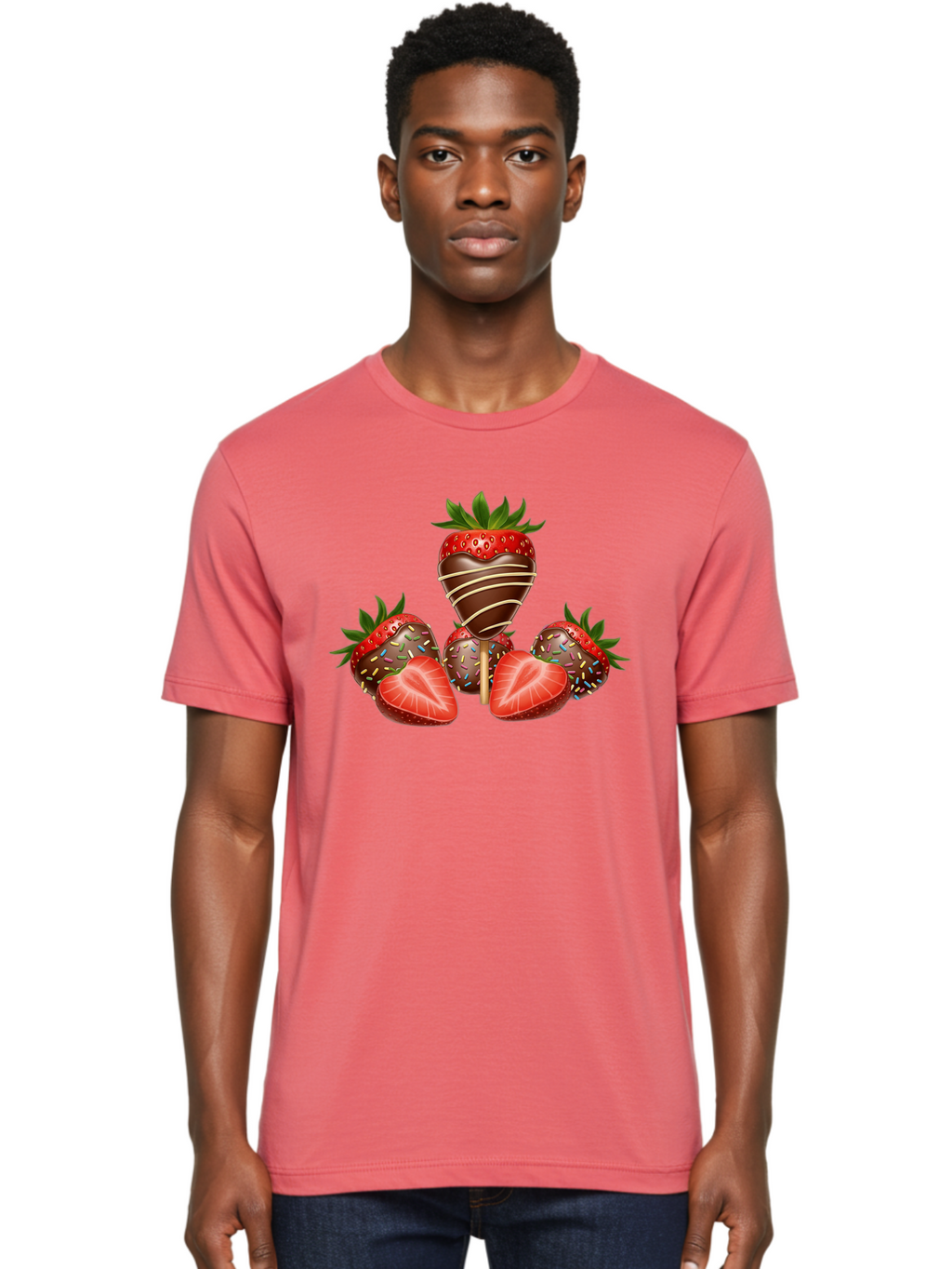 Chocolate-Covered-Strawberries-2 Men'S Graphic Tee, 100% Cotton, Comfortable Casual Summer Wear, Machine Washable, Chocolate Covered Strawberries, Sweet Treats, Dessert Ideas, Strawberry Desserts, Chocolate Drizzled Strawberries, Bab741