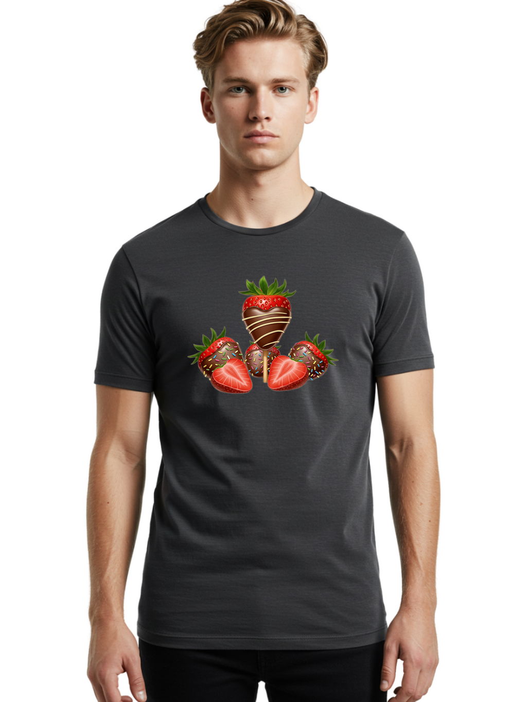 Chocolate-Covered-Strawberries-2 Men'S Graphic Tee, 100% Cotton, Comfortable Casual Summer Wear, Machine Washable, Chocolate Covered Strawberries, Sweet Treats, Dessert Ideas, Strawberry Desserts, Chocolate Drizzled Strawberries, Bab741