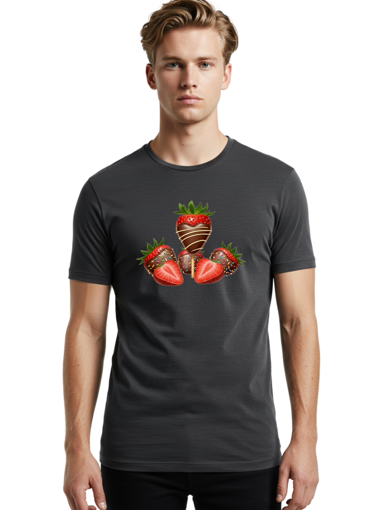 Chocolate-Covered-Strawberries-2 Men'S Graphic Tee, 100% Cotton, Comfortable Casual Summer Wear, Machine Washable, Chocolate Covered Strawberries, Sweet Treats, Dessert Ideas, Strawberry Desserts, Chocolate Drizzled Strawberries, Bab741