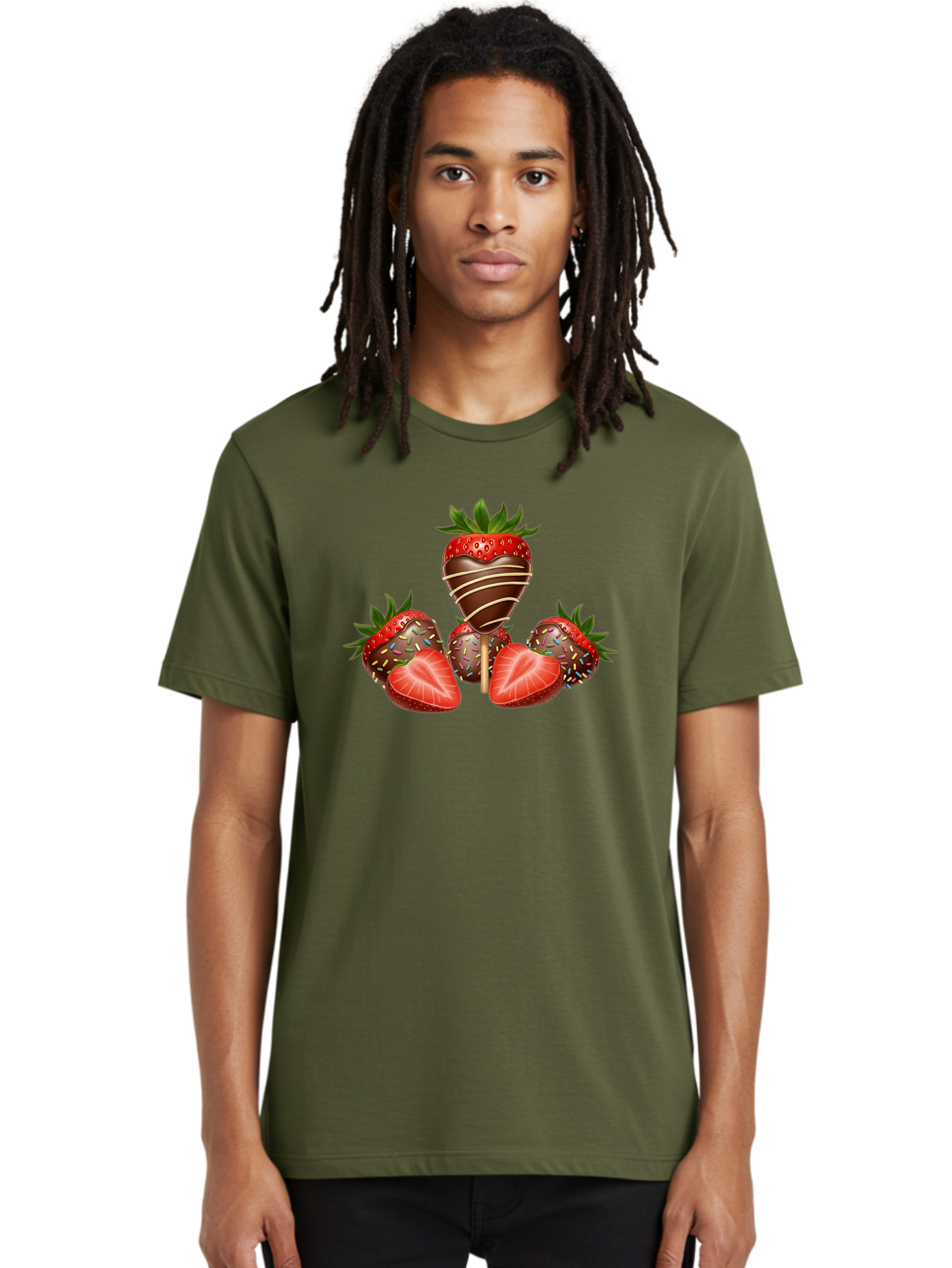 Chocolate-Covered-Strawberries-2 Men'S Graphic Tee, 100% Cotton, Comfortable Casual Summer Wear, Machine Washable, Chocolate Covered Strawberries, Sweet Treats, Dessert Ideas, Strawberry Desserts, Chocolate Drizzled Strawberries, Bab741