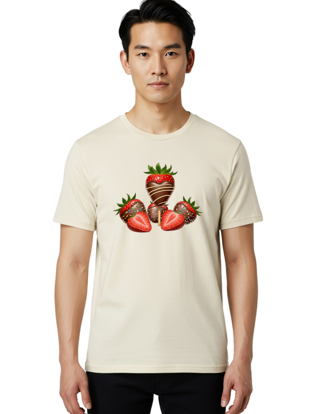 Chocolate-Covered-Strawberries-2 Men'S Graphic Tee, 100% Cotton, Comfortable Casual Summer Wear, Machine Washable, Chocolate Covered Strawberries, Sweet Treats, Dessert Ideas, Strawberry Desserts, Chocolate Drizzled Strawberries, Bab741