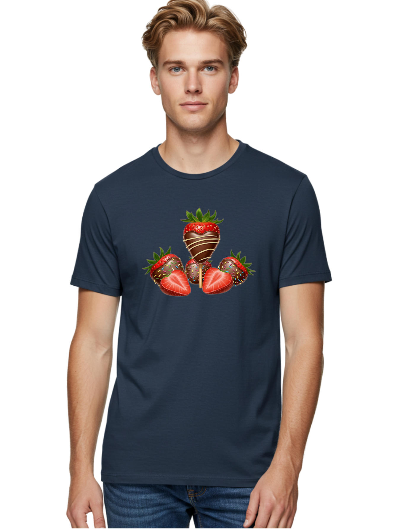 Chocolate-Covered-Strawberries-2 Men'S Graphic Tee, 100% Cotton, Comfortable Casual Summer Wear, Machine Washable, Chocolate Covered Strawberries, Sweet Treats, Dessert Ideas, Strawberry Desserts, Chocolate Drizzled Strawberries, Bab741
