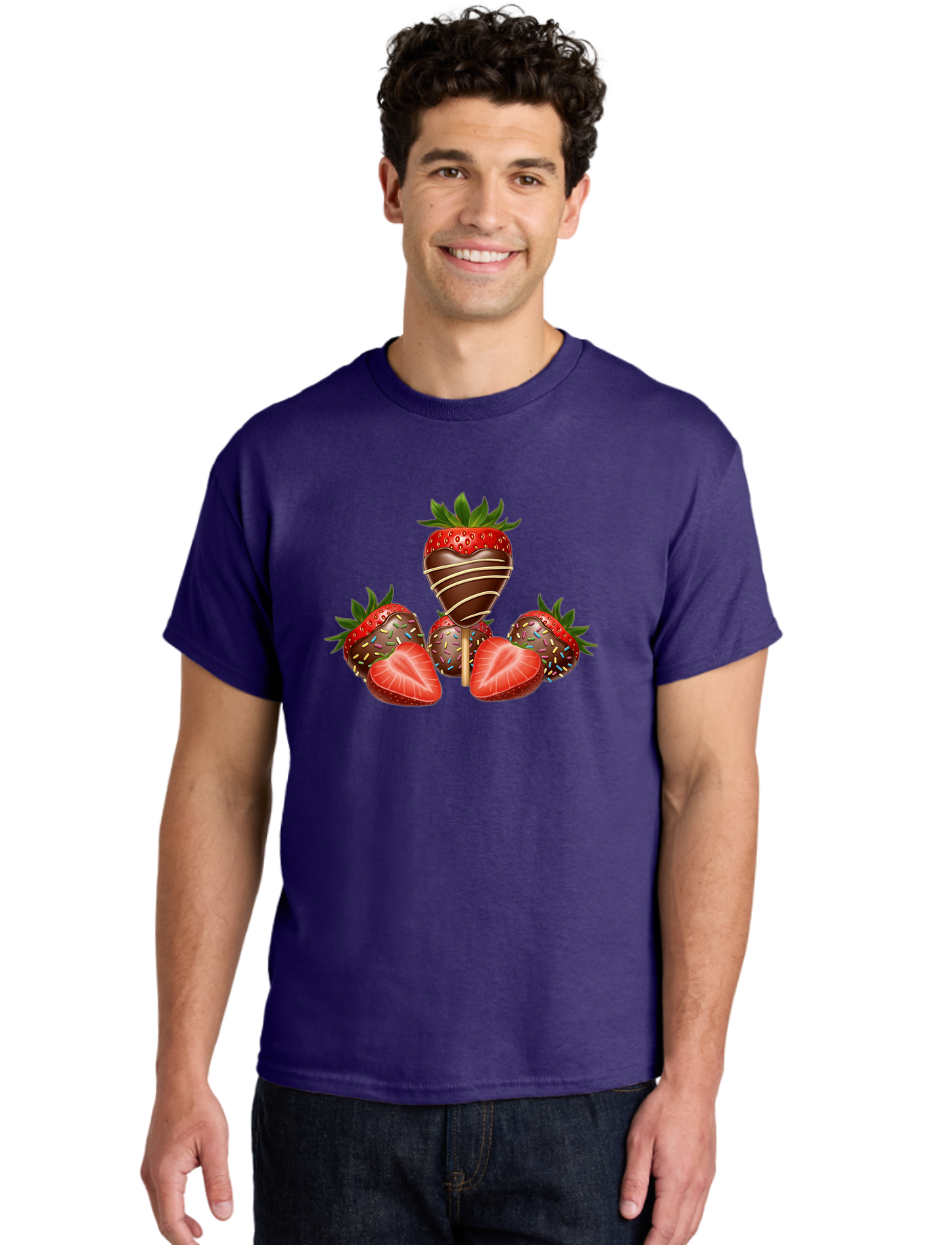 Chocolate-Covered-Strawberries-2 Men'S Graphic Tee, 100% Cotton, Comfortable Casual Summer Wear, Machine Washable, Chocolate Covered Strawberries, Sweet Treats, Dessert Ideas, Strawberry Desserts, Chocolate Drizzled Strawberries, Bab741