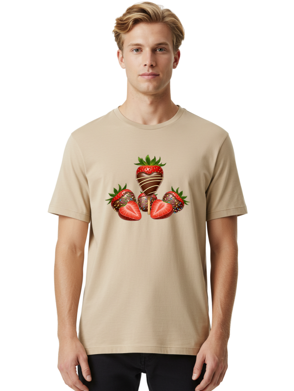 Chocolate-Covered-Strawberries-2 Men'S Graphic Tee, 100% Cotton, Comfortable Casual Summer Wear, Machine Washable, Chocolate Covered Strawberries, Sweet Treats, Dessert Ideas, Strawberry Desserts, Chocolate Drizzled Strawberries, Bab741