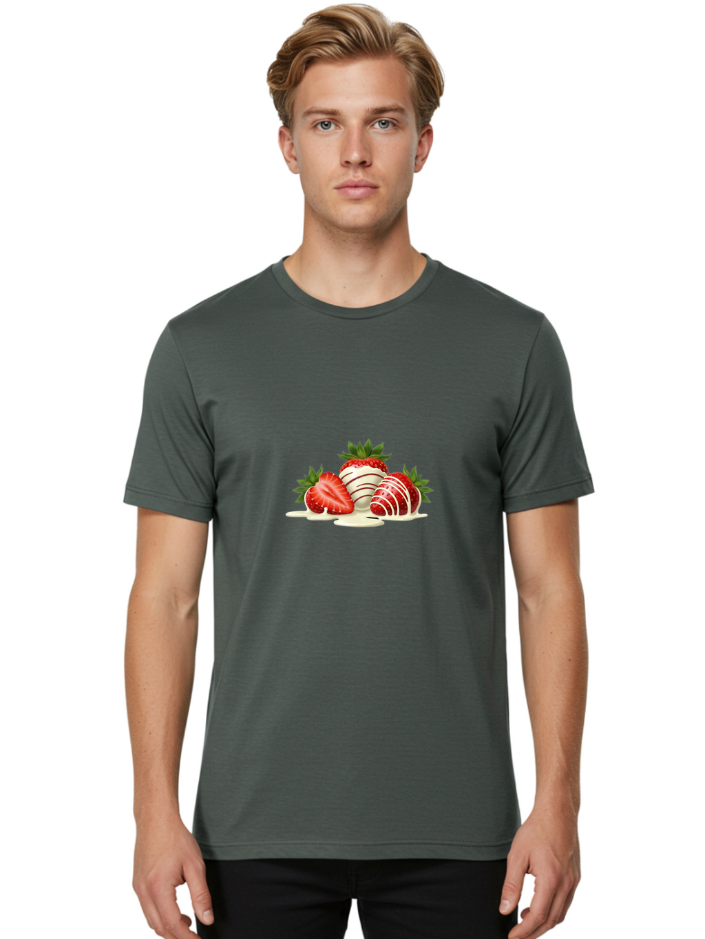 Chocolate-Covered-Strawberries-3 Men'S Graphic Tee, 100% Cotton, Comfortable Casual Summer Wear, Machine Washable, Strawberries Dipped In White Chocolate, Chocolate-Covered Strawberries, Strawberry Dessert, Sweet Treats, Fruit And Chocolate, Bab742