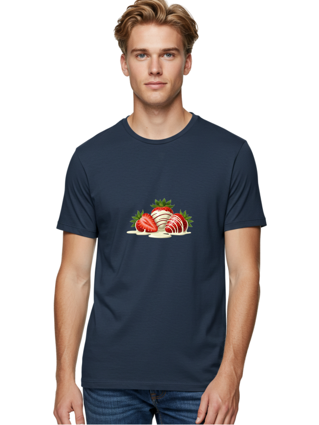 Chocolate-Covered-Strawberries-3 Men'S Graphic Tee, 100% Cotton, Comfortable Casual Summer Wear, Machine Washable, Strawberries Dipped In White Chocolate, Chocolate-Covered Strawberries, Strawberry Dessert, Sweet Treats, Fruit And Chocolate, Bab742