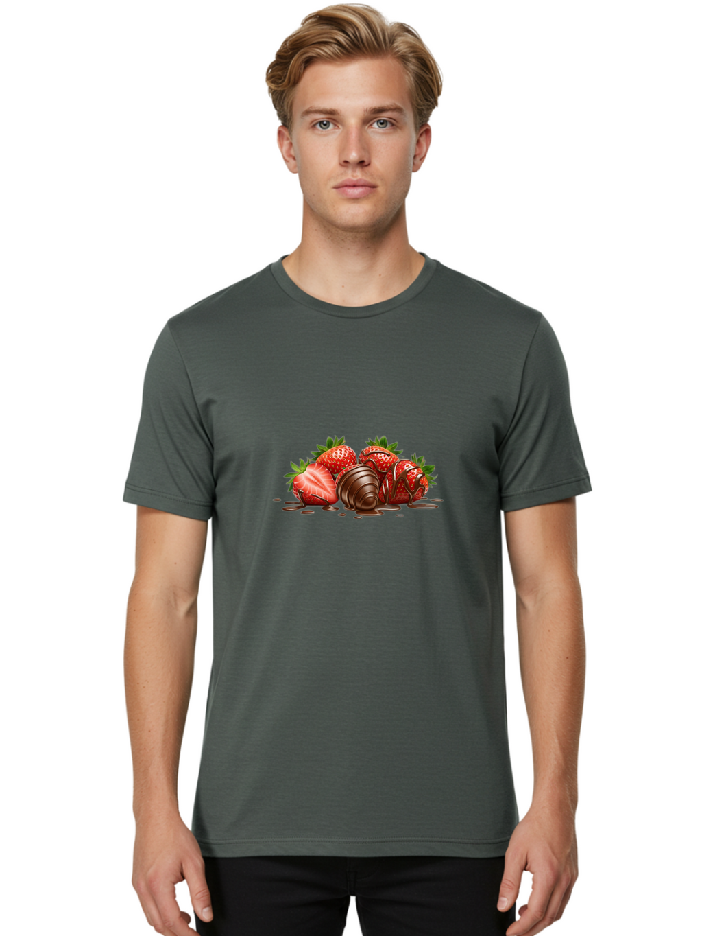 Chocolate-Covered-Strawberries-4 Men'S Graphic Tee, 100% Cotton, Comfortable Casual Summer Wear, Machine Washable, Chocolate Covered Strawberries, Sweet Treats, Indulgent Delights, Fresh Strawberries, Chocolate Sauce, Dessert Inspiration, Bab743