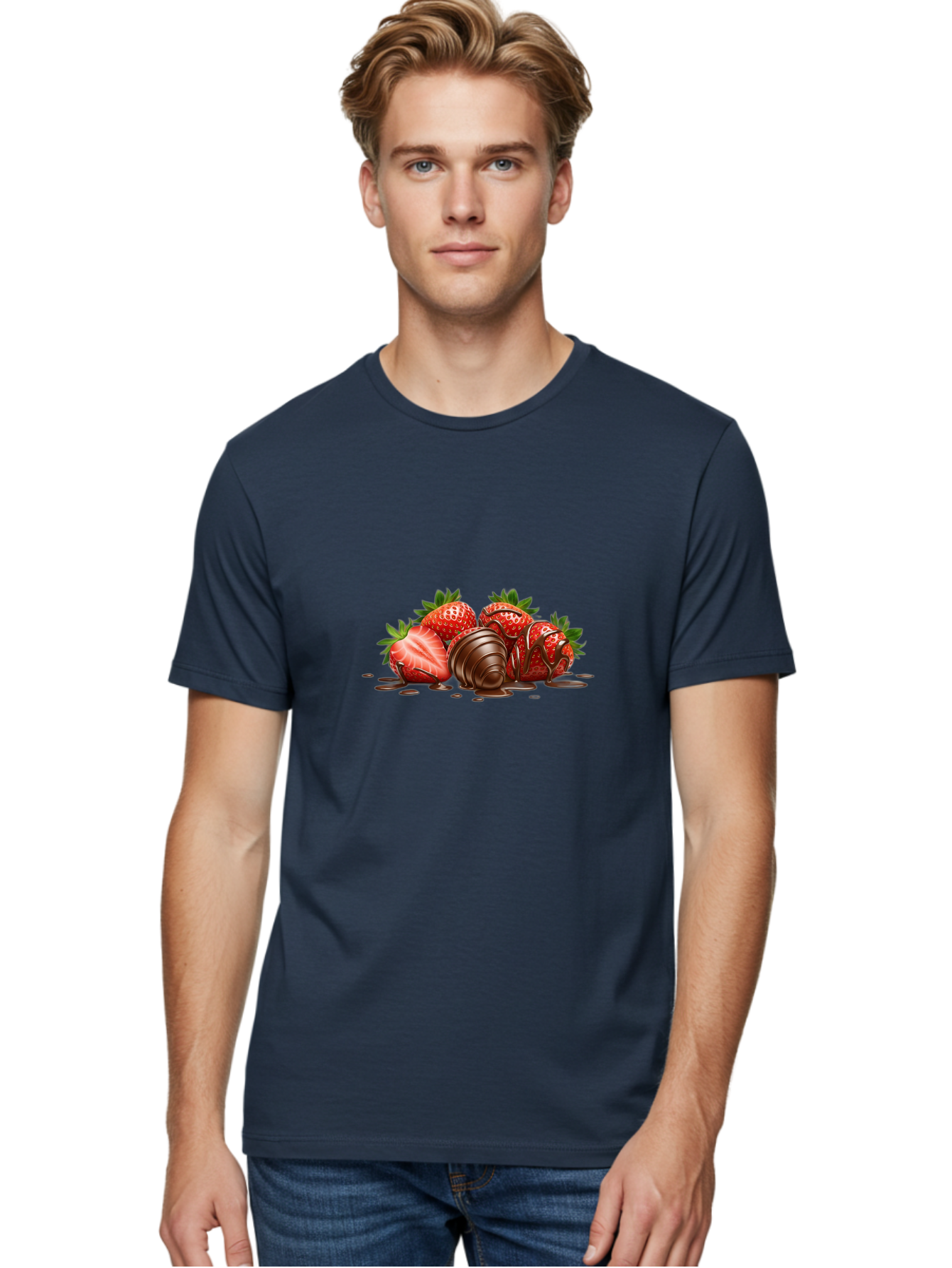 Chocolate-Covered-Strawberries-4 Men'S Graphic Tee, 100% Cotton, Comfortable Casual Summer Wear, Machine Washable, Chocolate Covered Strawberries, Sweet Treats, Indulgent Delights, Fresh Strawberries, Chocolate Sauce, Dessert Inspiration, Bab743