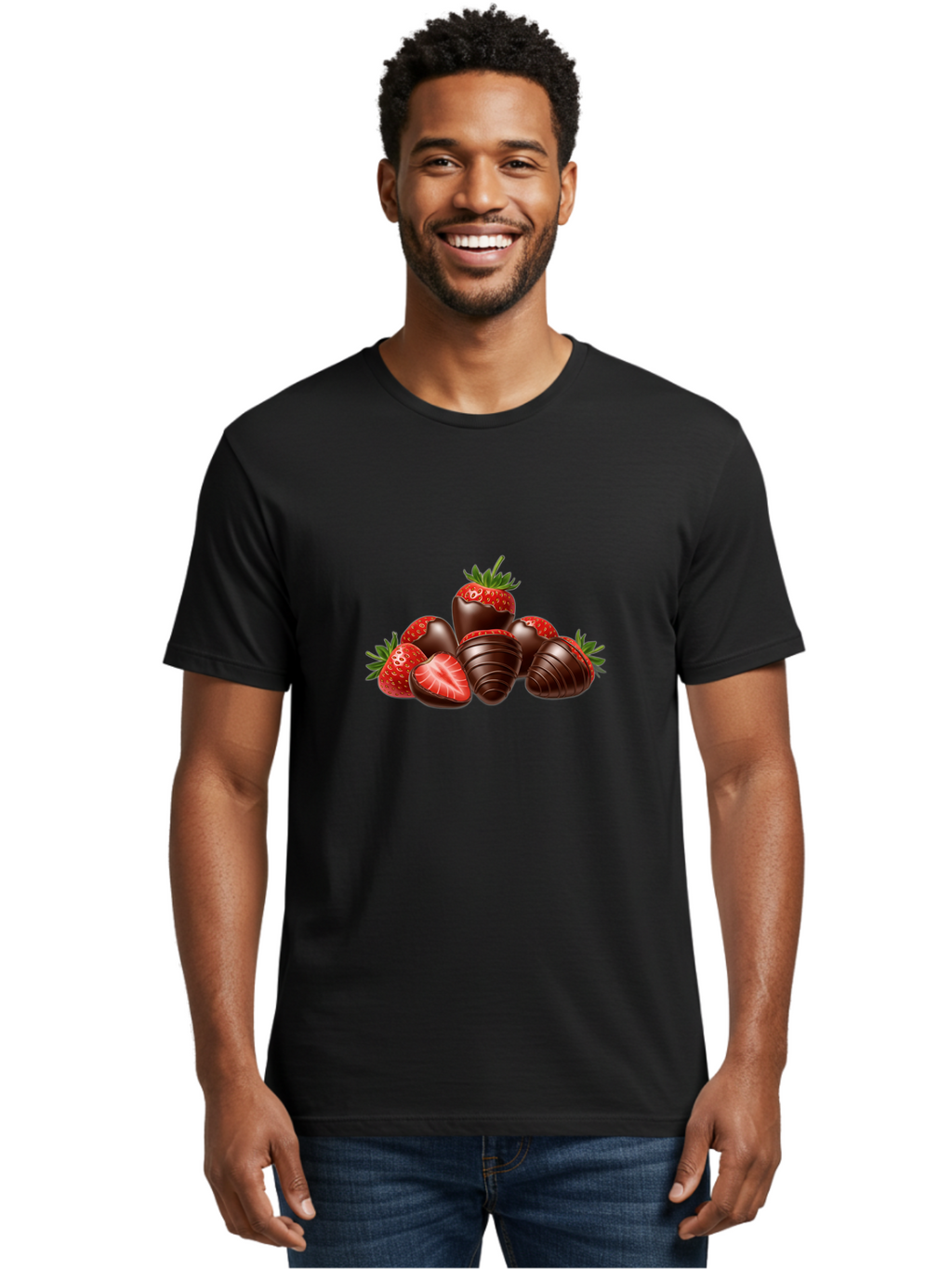 Chocolate-Covered-Strawberries Men'S Graphic Tee, 100% Cotton, Comfortable Casual Summer Wear, Machine Washable, Chocolate Covered Strawberries, Sweet Treats, Indulgent Dessert, Ripe Strawberries, Chocolate Indulgence, Rich And Decadent, Bab744