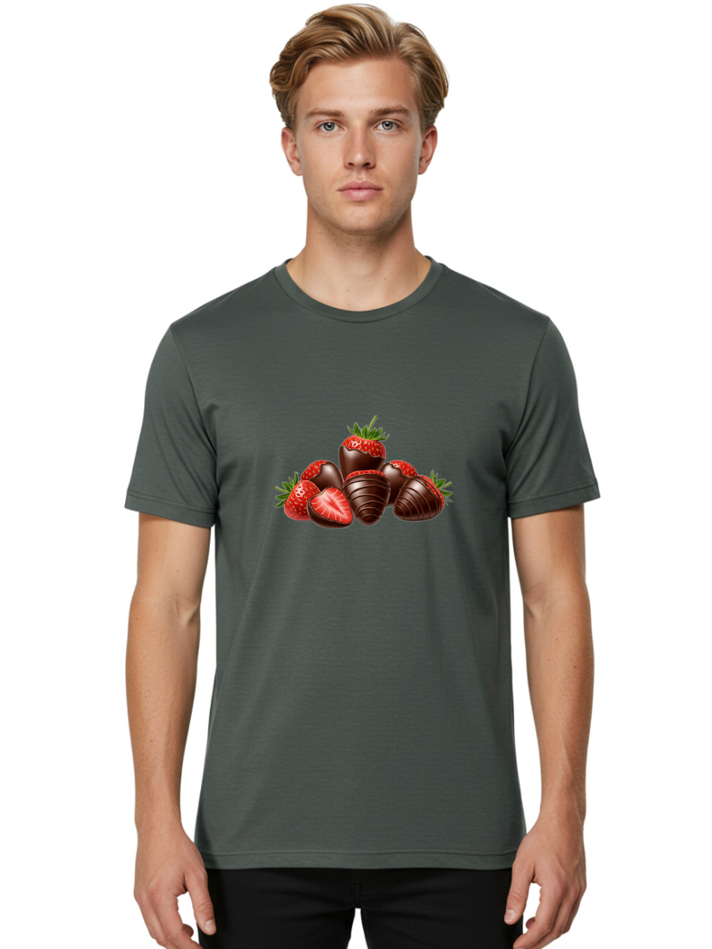 Chocolate-Covered-Strawberries Men'S Graphic Tee, 100% Cotton, Comfortable Casual Summer Wear, Machine Washable, Chocolate Covered Strawberries, Sweet Treats, Indulgent Dessert, Ripe Strawberries, Chocolate Indulgence, Rich And Decadent, Bab744