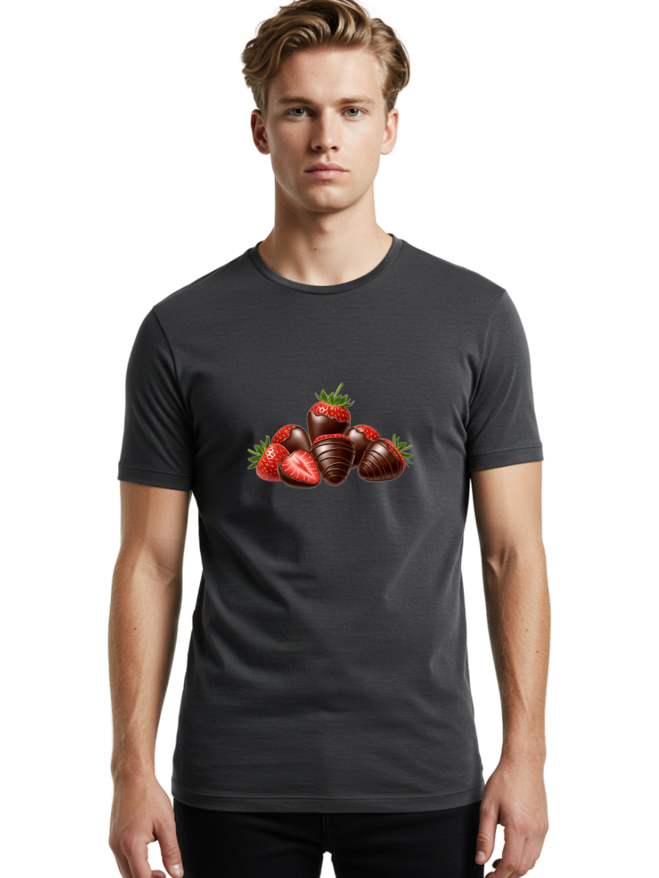 Chocolate-Covered-Strawberries Men'S Graphic Tee, 100% Cotton, Comfortable Casual Summer Wear, Machine Washable, Chocolate Covered Strawberries, Sweet Treats, Indulgent Dessert, Ripe Strawberries, Chocolate Indulgence, Rich And Decadent, Bab744
