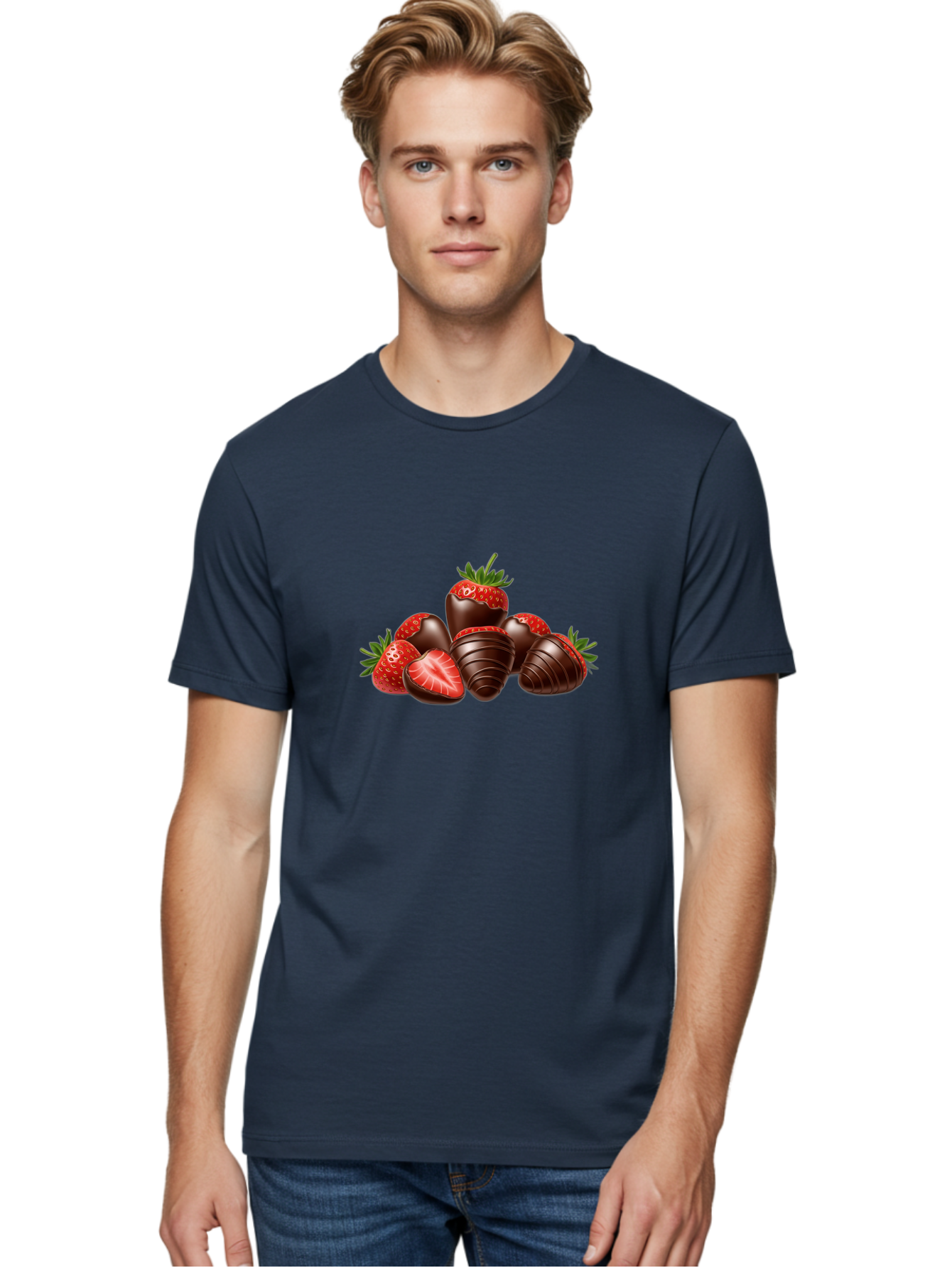 Chocolate-Covered-Strawberries Men'S Graphic Tee, 100% Cotton, Comfortable Casual Summer Wear, Machine Washable, Chocolate Covered Strawberries, Sweet Treats, Indulgent Dessert, Ripe Strawberries, Chocolate Indulgence, Rich And Decadent, Bab744