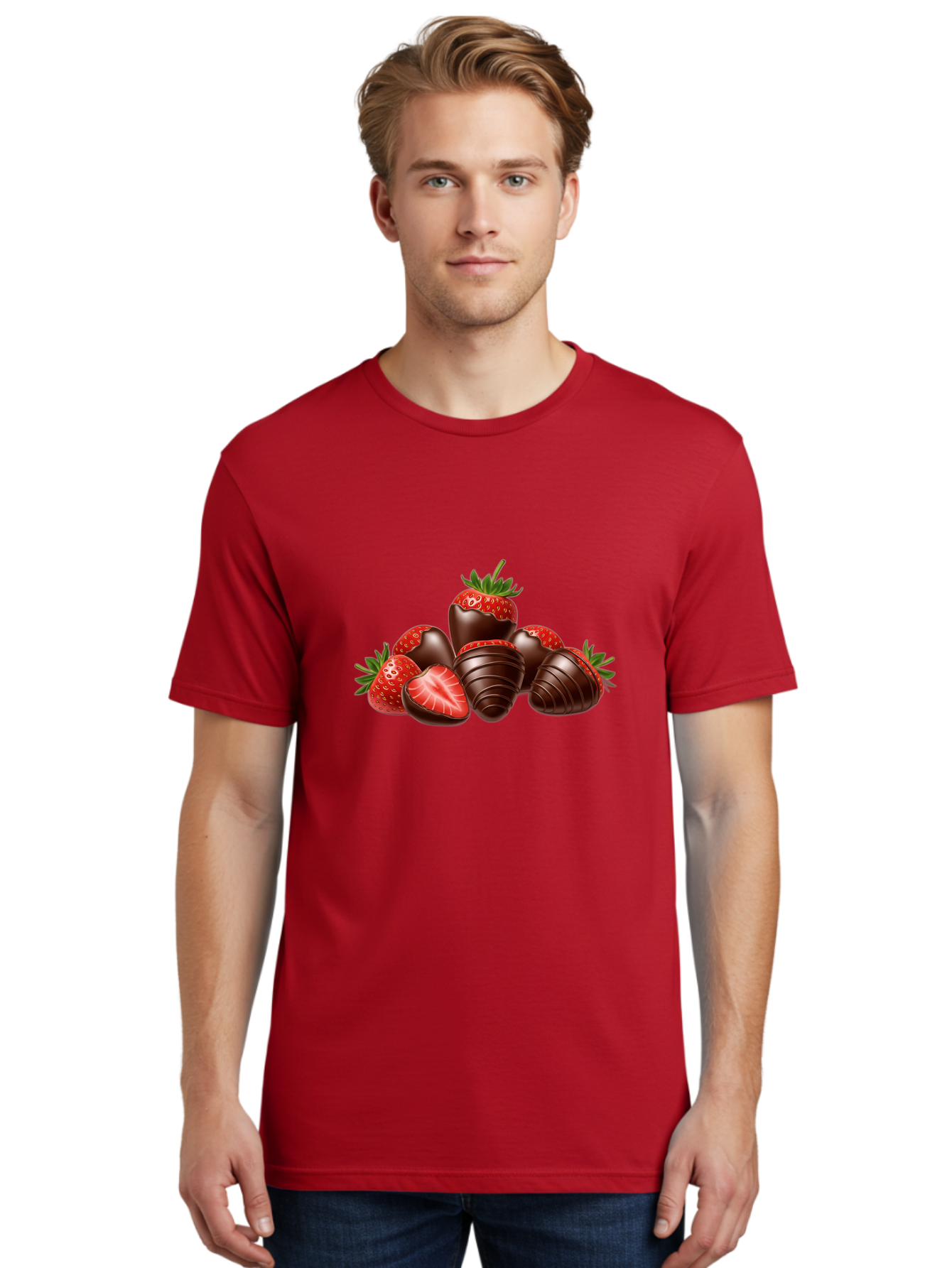 Chocolate-Covered-Strawberries Men'S Graphic Tee, 100% Cotton, Comfortable Casual Summer Wear, Machine Washable, Chocolate Covered Strawberries, Sweet Treats, Indulgent Dessert, Ripe Strawberries, Chocolate Indulgence, Rich And Decadent, Bab744
