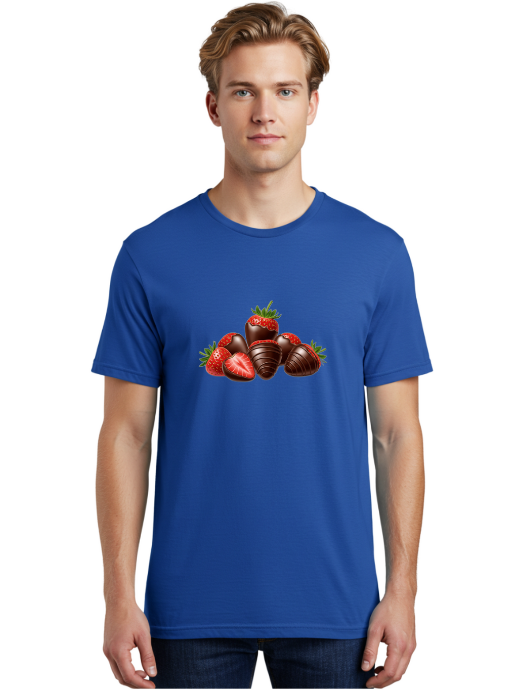 Chocolate-Covered-Strawberries Men'S Graphic Tee, 100% Cotton, Comfortable Casual Summer Wear, Machine Washable, Chocolate Covered Strawberries, Sweet Treats, Indulgent Dessert, Ripe Strawberries, Chocolate Indulgence, Rich And Decadent, Bab744
