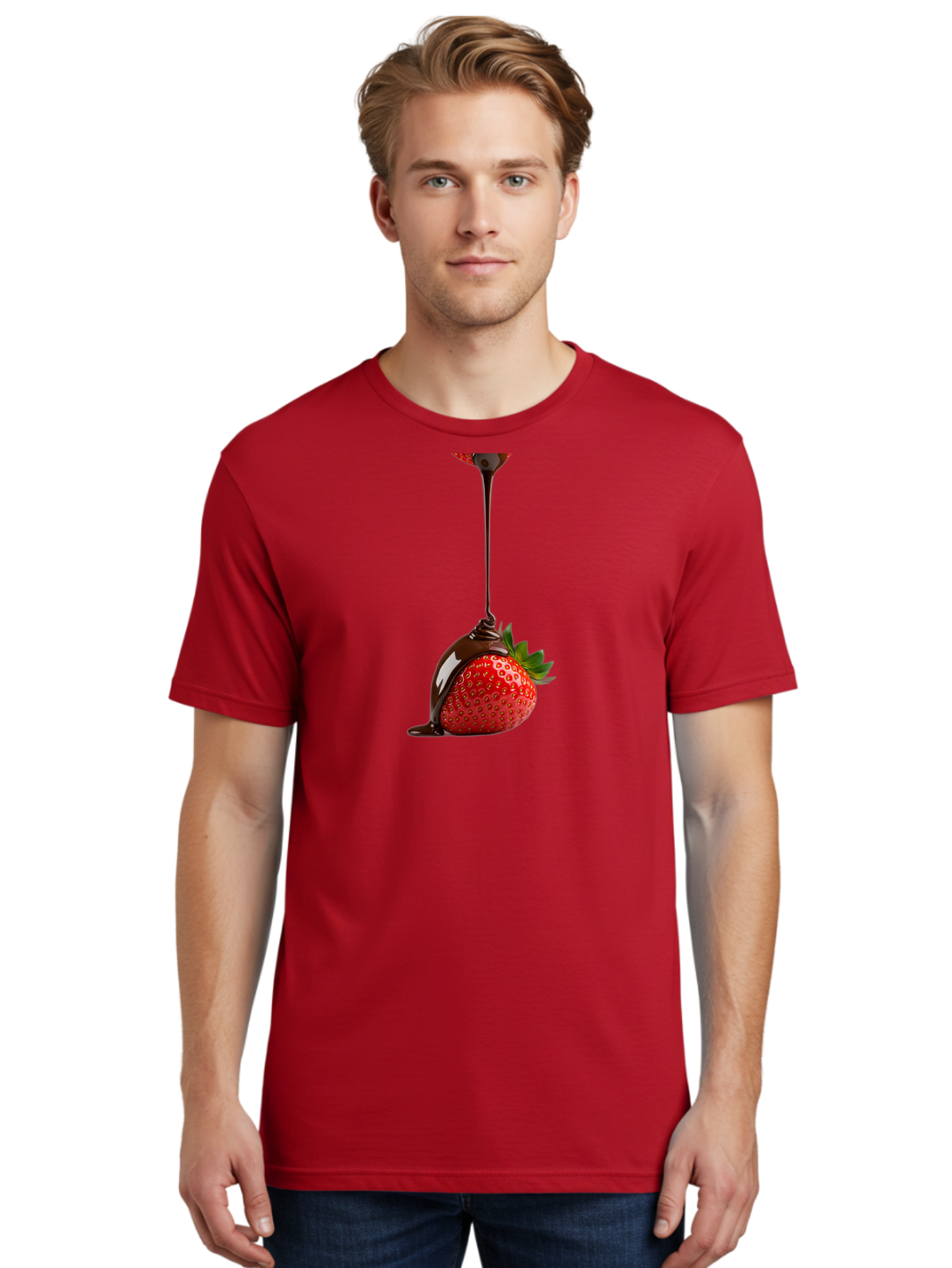 Chocolate-Covered-Strawberry Men'S Graphic Tee, 100% Cotton, Comfortable Casual Summer Wear, Machine Washable, Strawberry Dipped In Chocolate, Chocolate Covered Strawberry, Sweet Treat, Dessert Idea, Chocolate Sauce, Indulgent Snack, Bab745