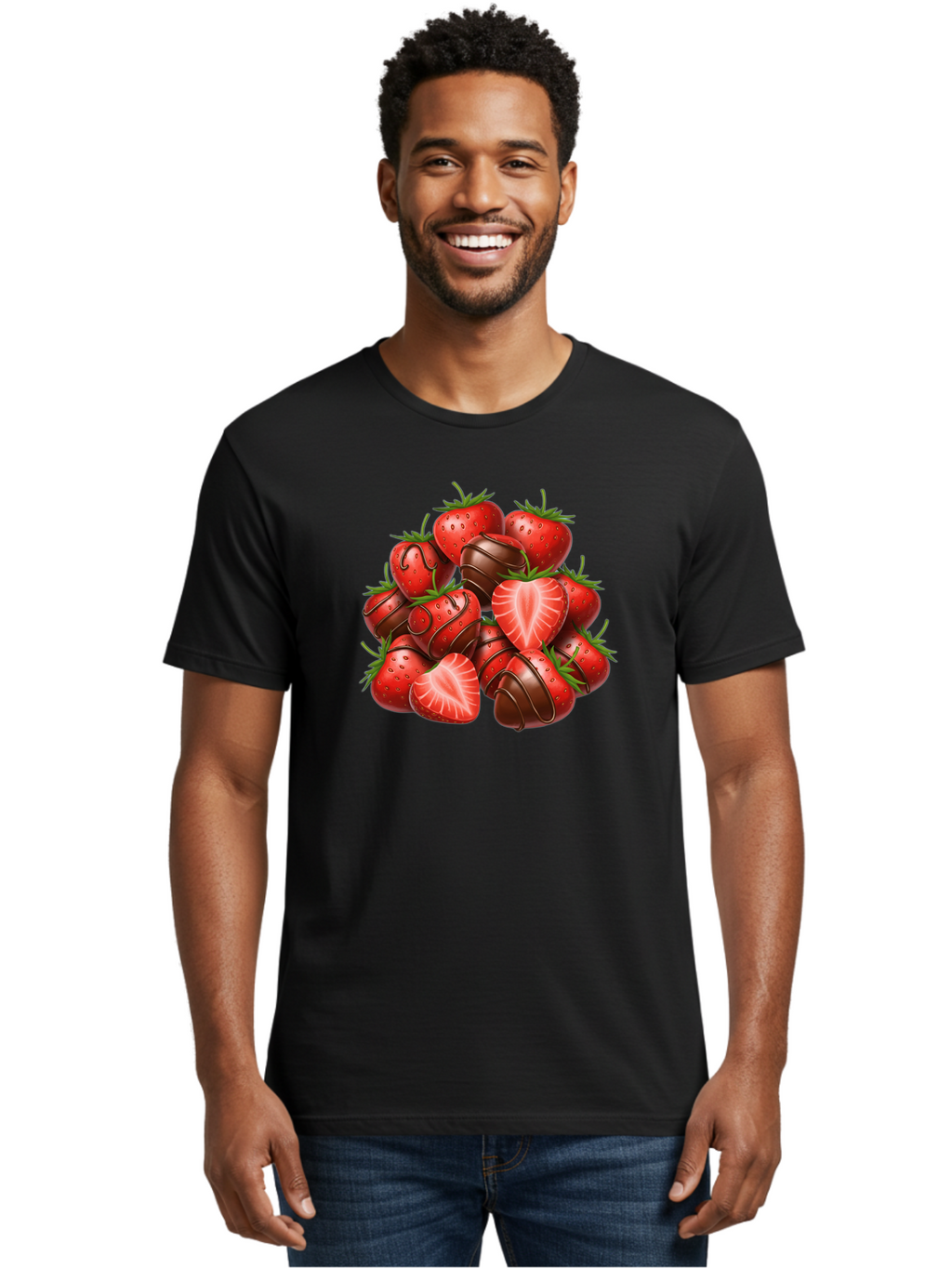 Chocolate-Dipped-Strawberries Men'S Graphic Tee, 100% Cotton, Comfortable Casual Summer Wear, Machine Washable, Chocolate Covered Strawberries, Sweet Treats, Delicious Desserts, Strawberry Lovers, Chocolate Indulgence, Tasty Fruit, Bab746