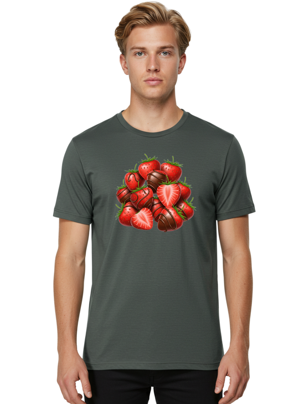 Chocolate-Dipped-Strawberries Men'S Graphic Tee, 100% Cotton, Comfortable Casual Summer Wear, Machine Washable, Chocolate Covered Strawberries, Sweet Treats, Delicious Desserts, Strawberry Lovers, Chocolate Indulgence, Tasty Fruit, Bab746