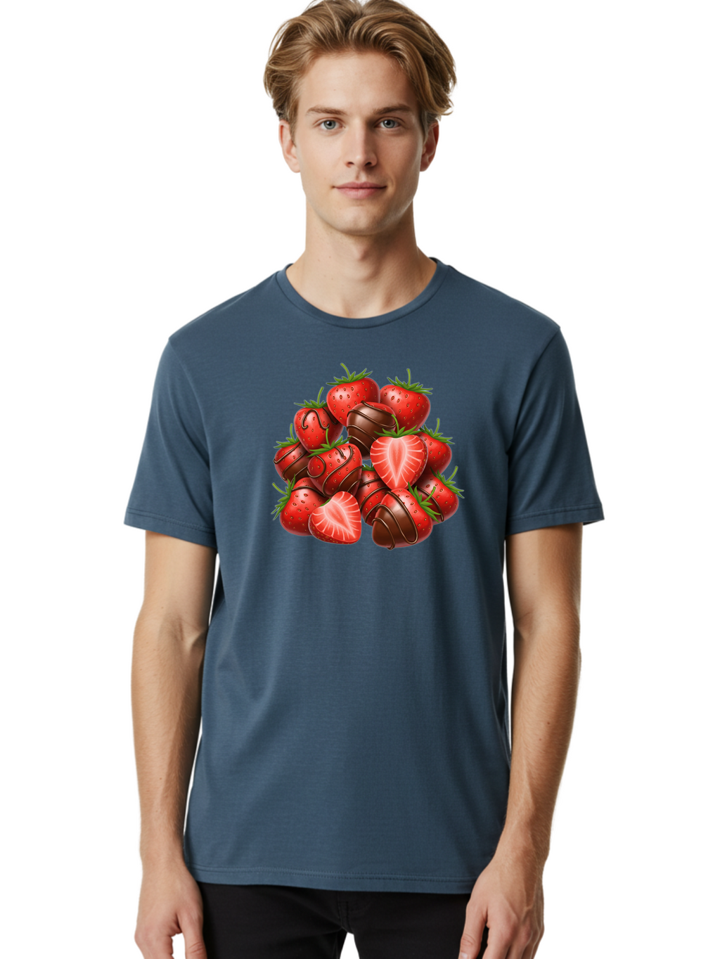 Chocolate-Dipped-Strawberries Men'S Graphic Tee, 100% Cotton, Comfortable Casual Summer Wear, Machine Washable, Chocolate Covered Strawberries, Sweet Treats, Delicious Desserts, Strawberry Lovers, Chocolate Indulgence, Tasty Fruit, Bab746