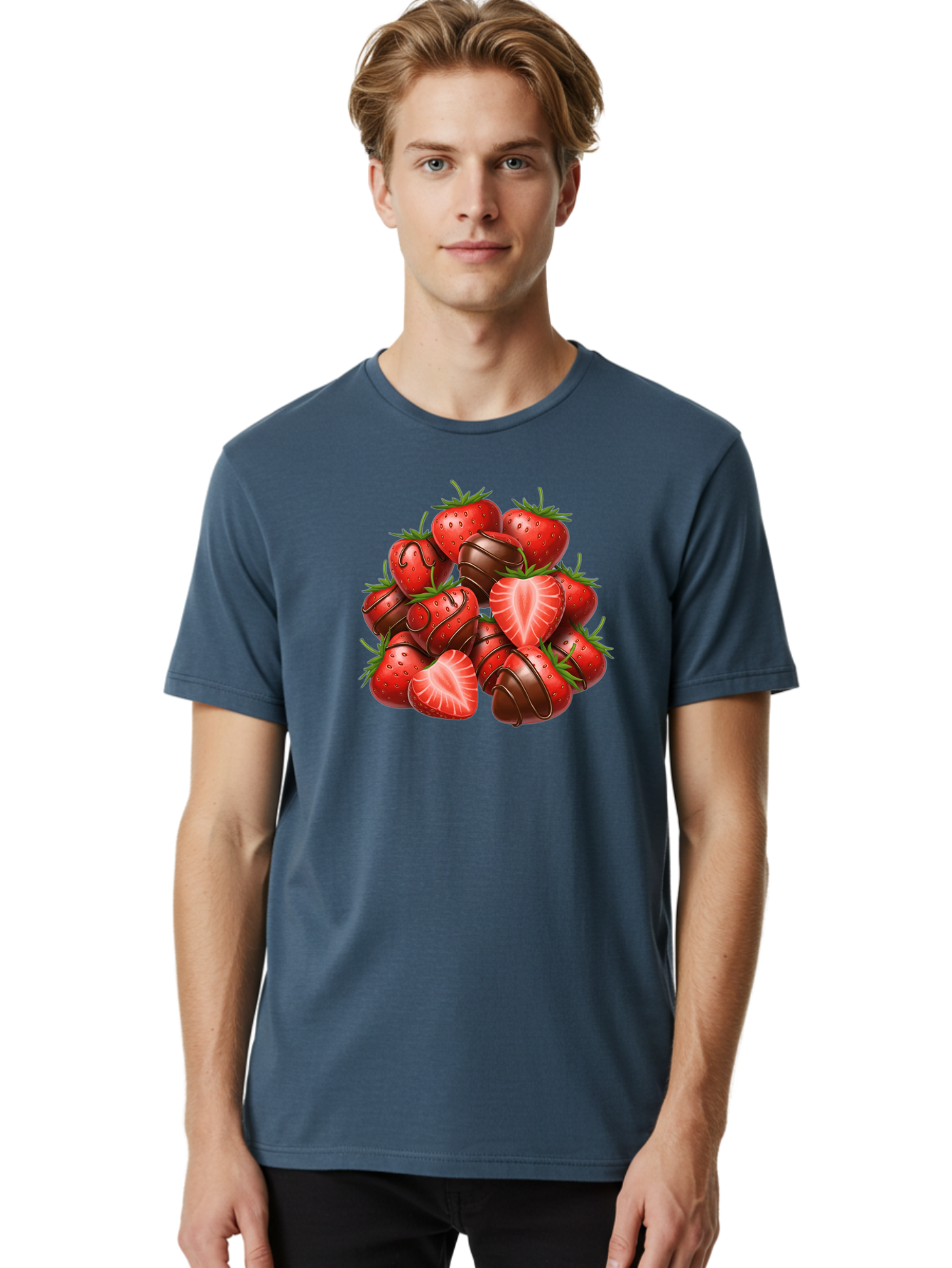 Chocolate-Dipped-Strawberries Men'S Graphic Tee, 100% Cotton, Comfortable Casual Summer Wear, Machine Washable, Chocolate Covered Strawberries, Sweet Treats, Delicious Desserts, Strawberry Lovers, Chocolate Indulgence, Tasty Fruit, Bab746