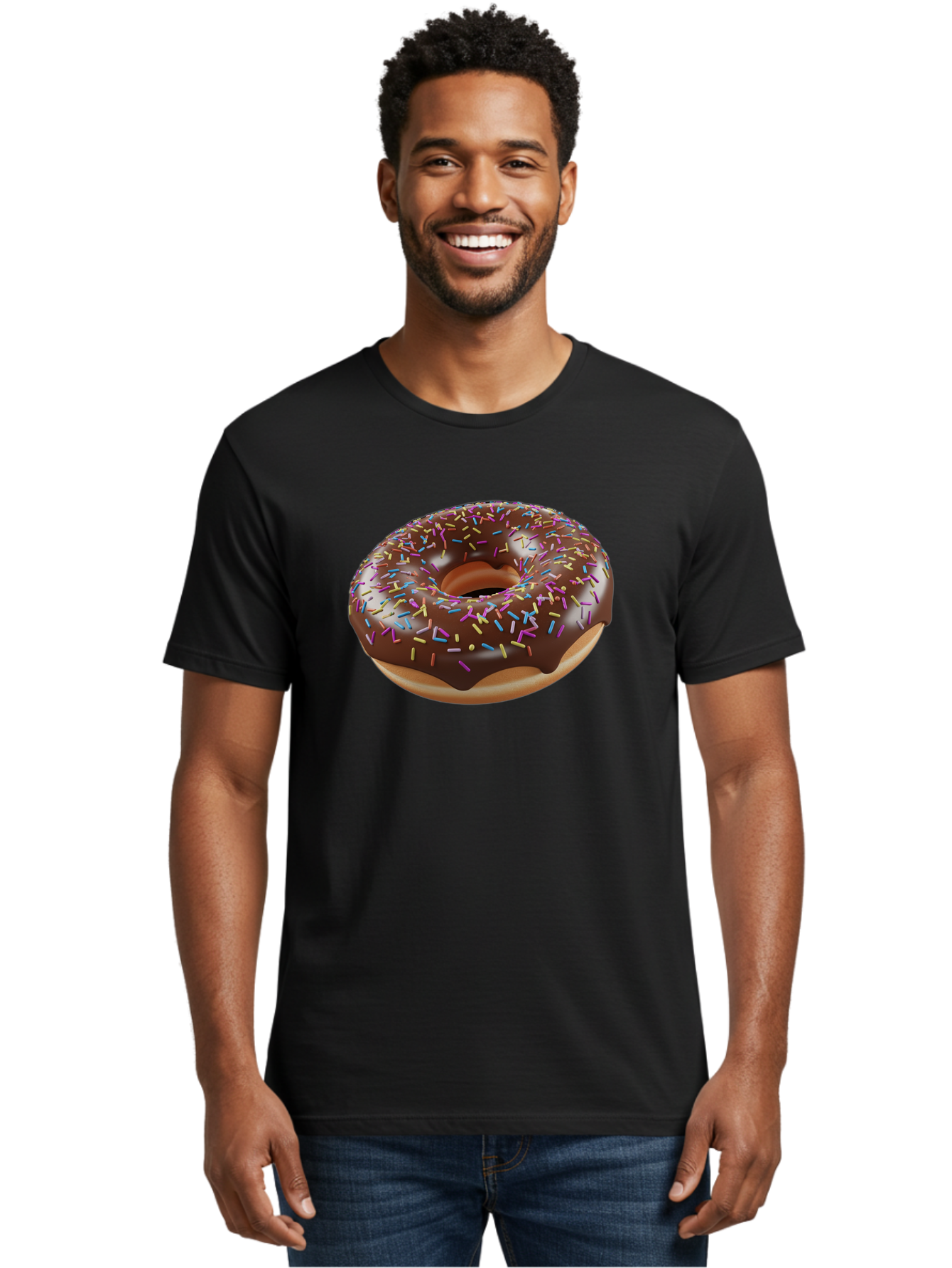 Chocolate-Donut-With-Sprinkles Men'S Graphic Tee, 100% Cotton, Comfortable Casual Summer Wear, Machine Washable, Chocolate Donut, Donut With Sprinkles, Sweet Treat, Baked Goods, Colorful Dessert, Tasty Pastry, Chocolate Frosting, Sprinkles, Bab747