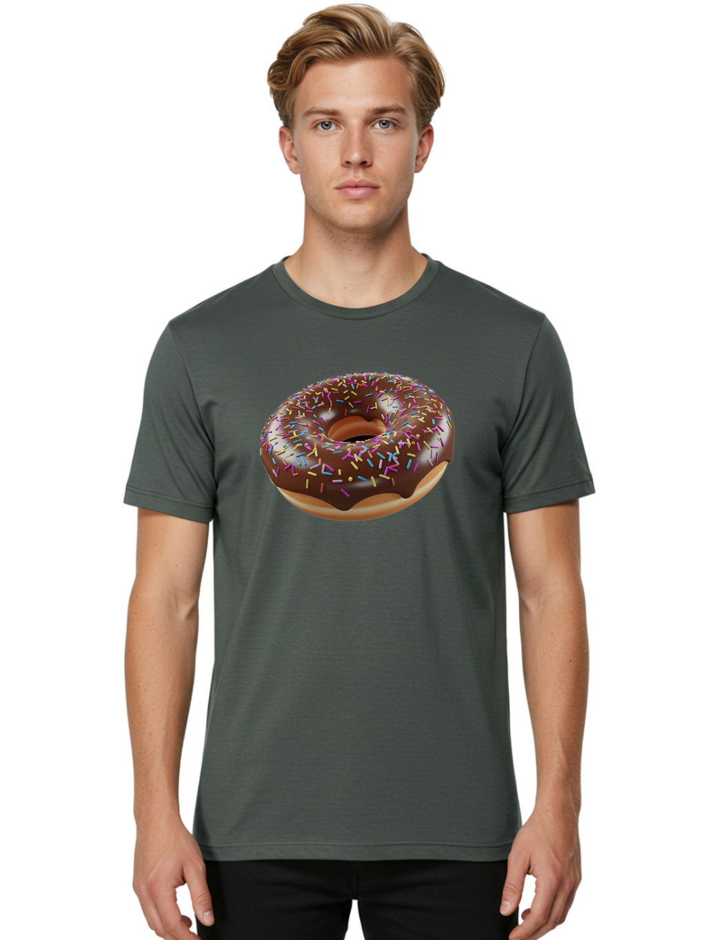 Chocolate-Donut-With-Sprinkles Men'S Graphic Tee, 100% Cotton, Comfortable Casual Summer Wear, Machine Washable, Chocolate Donut, Donut With Sprinkles, Sweet Treat, Baked Goods, Colorful Dessert, Tasty Pastry, Chocolate Frosting, Sprinkles, Bab747