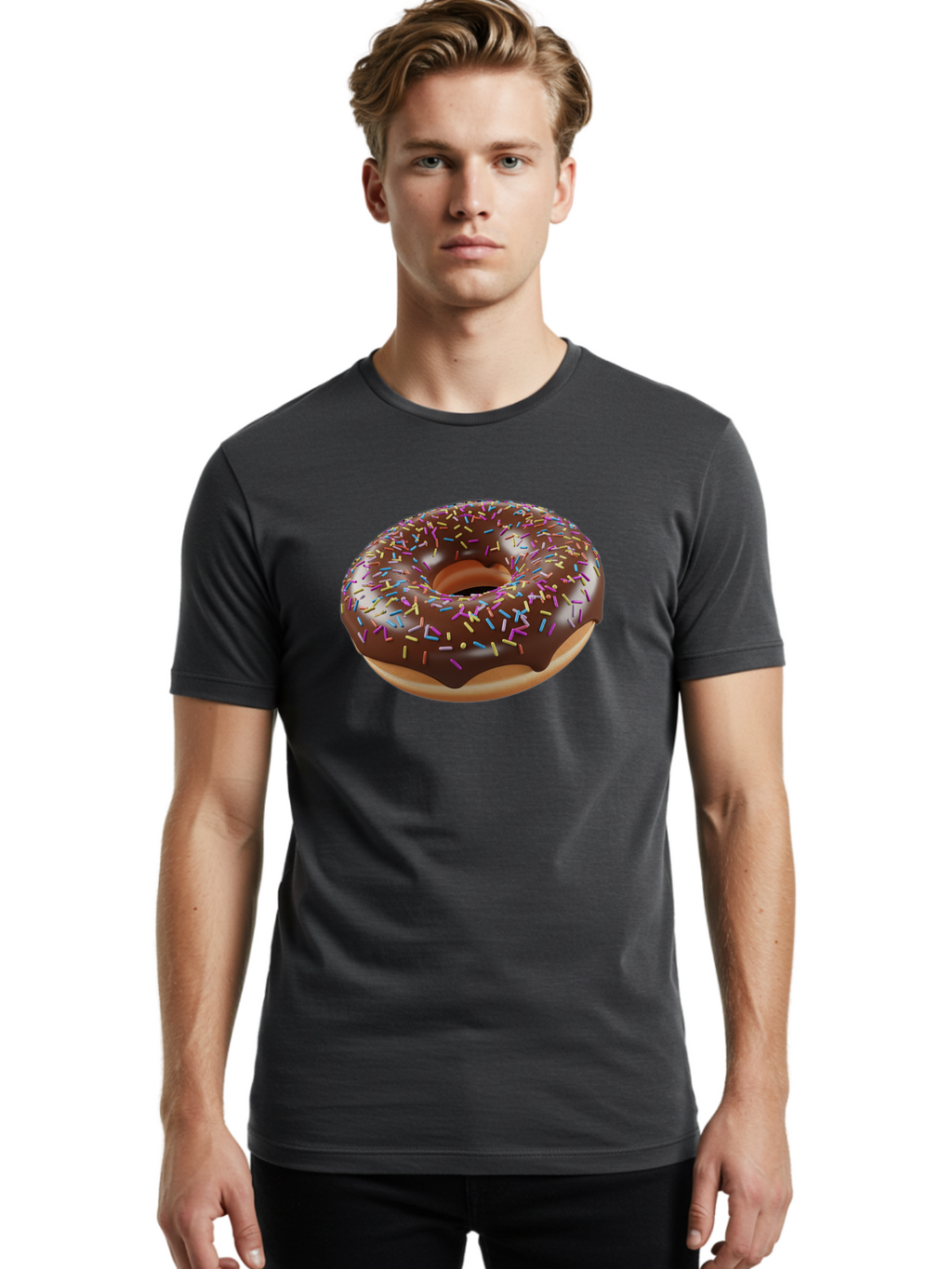 Chocolate-Donut-With-Sprinkles Men'S Graphic Tee, 100% Cotton, Comfortable Casual Summer Wear, Machine Washable, Chocolate Donut, Donut With Sprinkles, Sweet Treat, Baked Goods, Colorful Dessert, Tasty Pastry, Chocolate Frosting, Sprinkles, Bab747