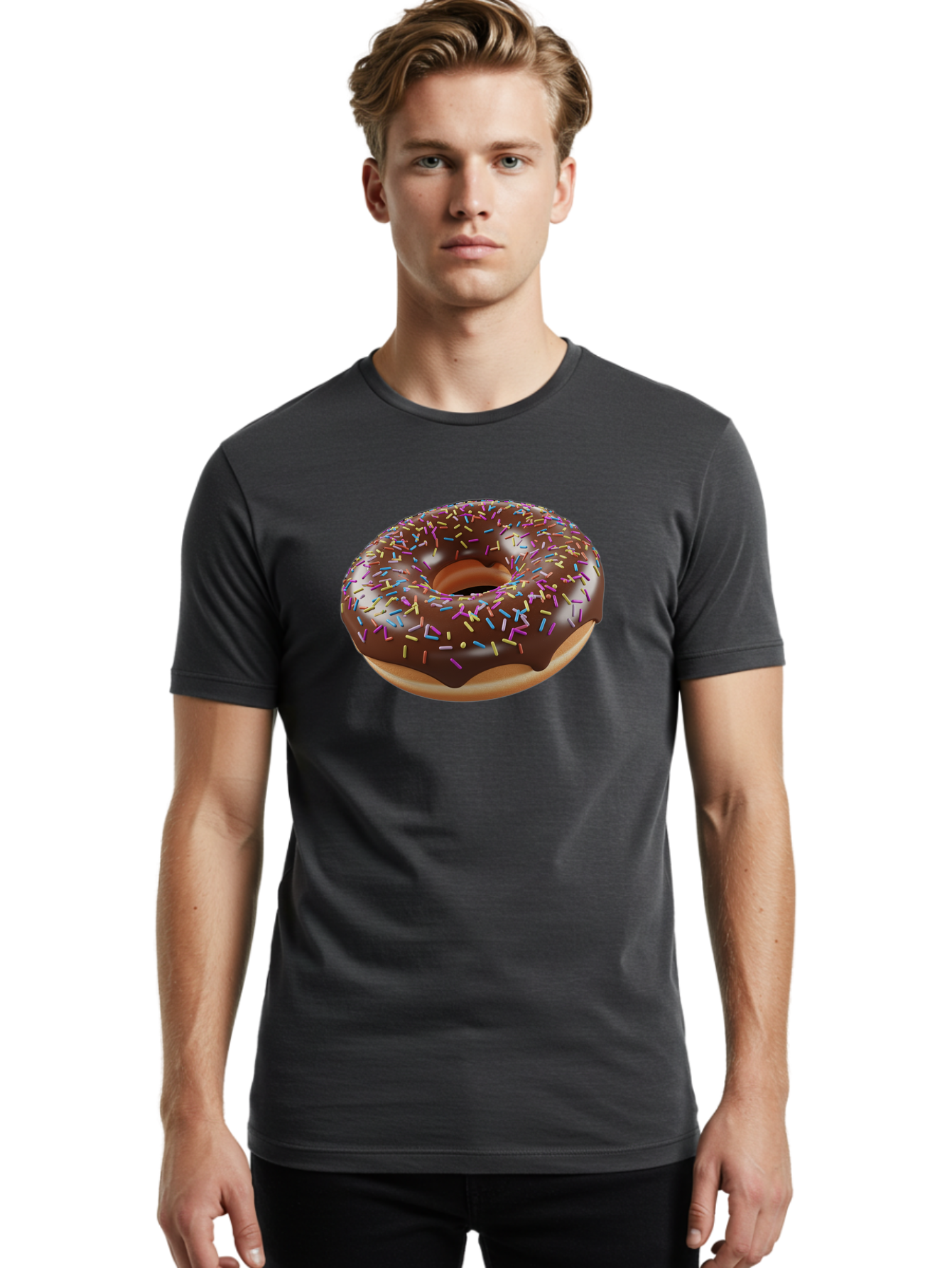 Chocolate-Donut-With-Sprinkles Men'S Graphic Tee, 100% Cotton, Comfortable Casual Summer Wear, Machine Washable, Chocolate Donut, Donut With Sprinkles, Sweet Treat, Baked Goods, Colorful Dessert, Tasty Pastry, Chocolate Frosting, Sprinkles, Bab747