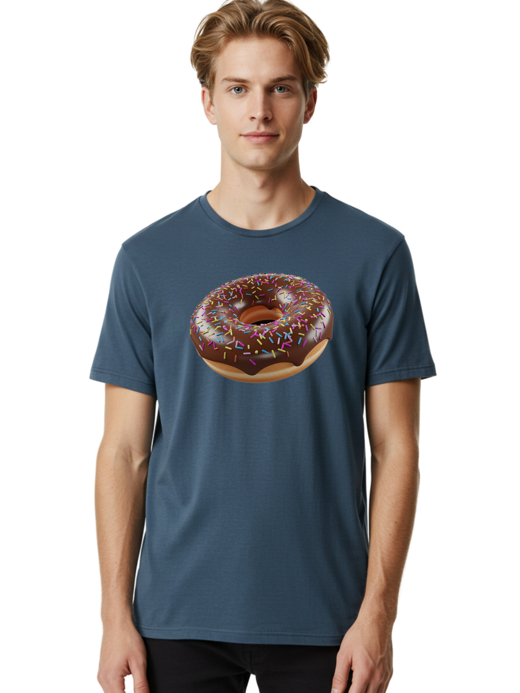 Chocolate-Donut-With-Sprinkles Men'S Graphic Tee, 100% Cotton, Comfortable Casual Summer Wear, Machine Washable, Chocolate Donut, Donut With Sprinkles, Sweet Treat, Baked Goods, Colorful Dessert, Tasty Pastry, Chocolate Frosting, Sprinkles, Bab747