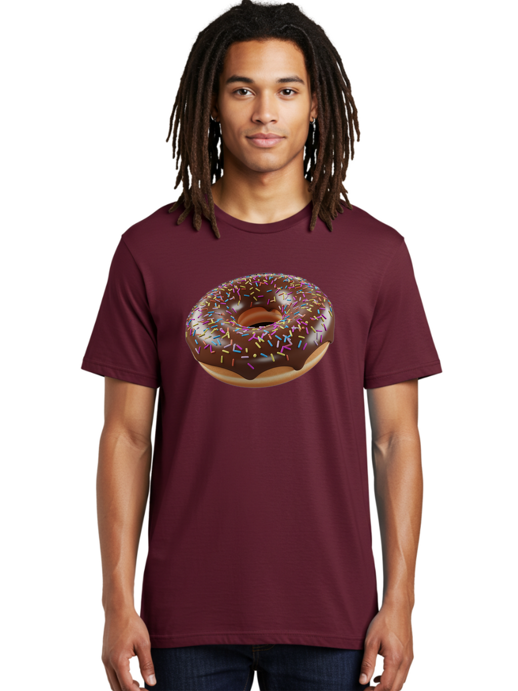 Chocolate-Donut-With-Sprinkles Men'S Graphic Tee, 100% Cotton, Comfortable Casual Summer Wear, Machine Washable, Chocolate Donut, Donut With Sprinkles, Sweet Treat, Baked Goods, Colorful Dessert, Tasty Pastry, Chocolate Frosting, Sprinkles, Bab747