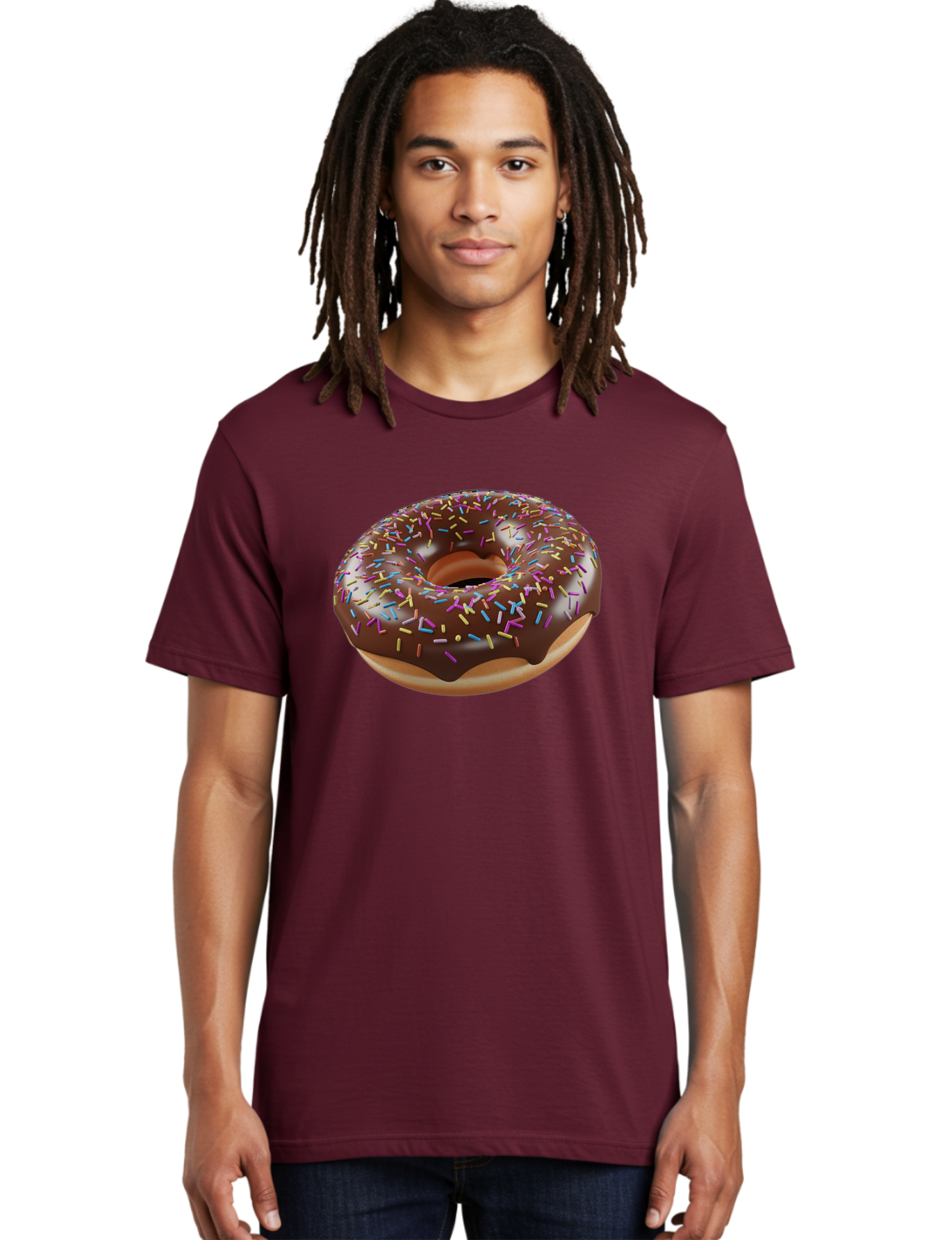 Chocolate-Donut-With-Sprinkles Men'S Graphic Tee, 100% Cotton, Comfortable Casual Summer Wear, Machine Washable, Chocolate Donut, Donut With Sprinkles, Sweet Treat, Baked Goods, Colorful Dessert, Tasty Pastry, Chocolate Frosting, Sprinkles, Bab747
