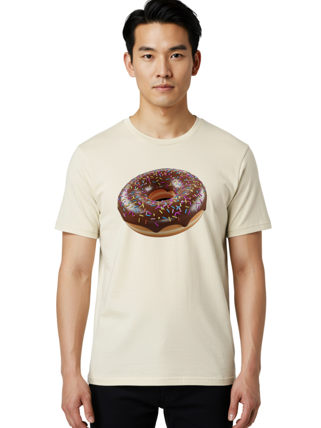 Chocolate-Donut-With-Sprinkles Men'S Graphic Tee, 100% Cotton, Comfortable Casual Summer Wear, Machine Washable, Chocolate Donut, Donut With Sprinkles, Sweet Treat, Baked Goods, Colorful Dessert, Tasty Pastry, Chocolate Frosting, Sprinkles, Bab747