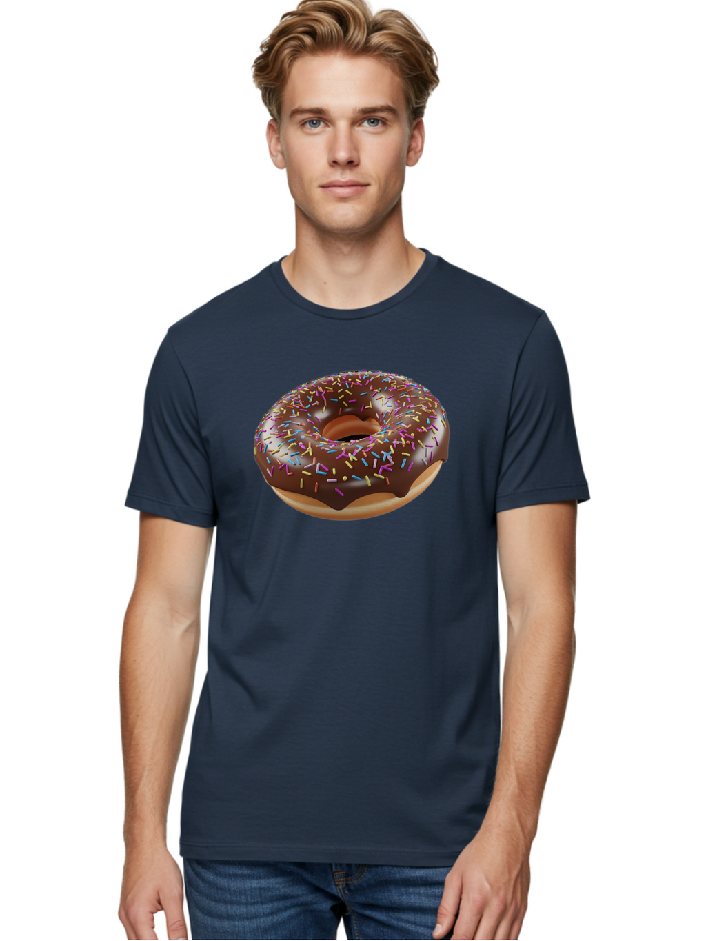 Chocolate-Donut-With-Sprinkles Men'S Graphic Tee, 100% Cotton, Comfortable Casual Summer Wear, Machine Washable, Chocolate Donut, Donut With Sprinkles, Sweet Treat, Baked Goods, Colorful Dessert, Tasty Pastry, Chocolate Frosting, Sprinkles, Bab747