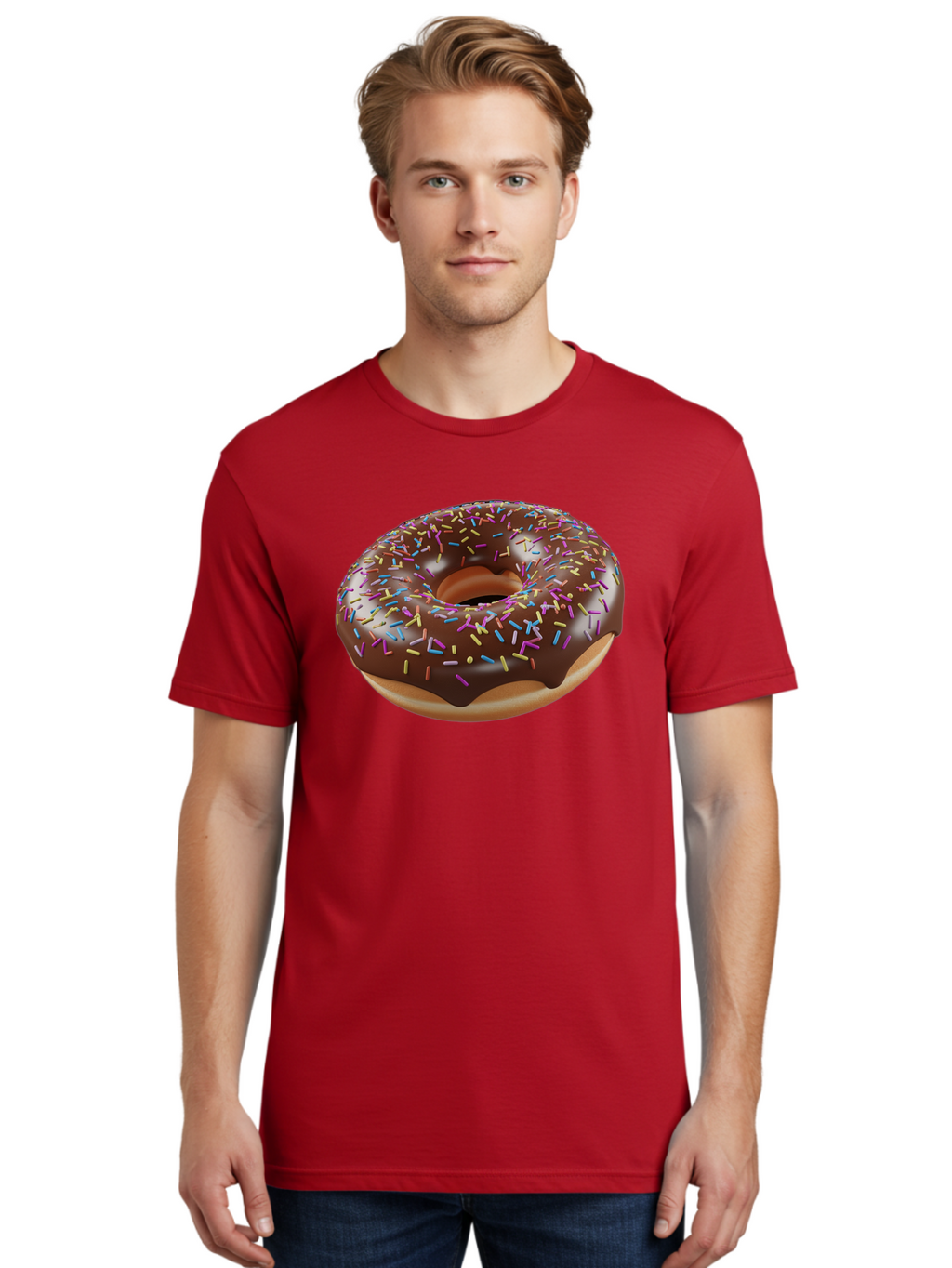 Chocolate-Donut-With-Sprinkles Men'S Graphic Tee, 100% Cotton, Comfortable Casual Summer Wear, Machine Washable, Chocolate Donut, Donut With Sprinkles, Sweet Treat, Baked Goods, Colorful Dessert, Tasty Pastry, Chocolate Frosting, Sprinkles, Bab747
