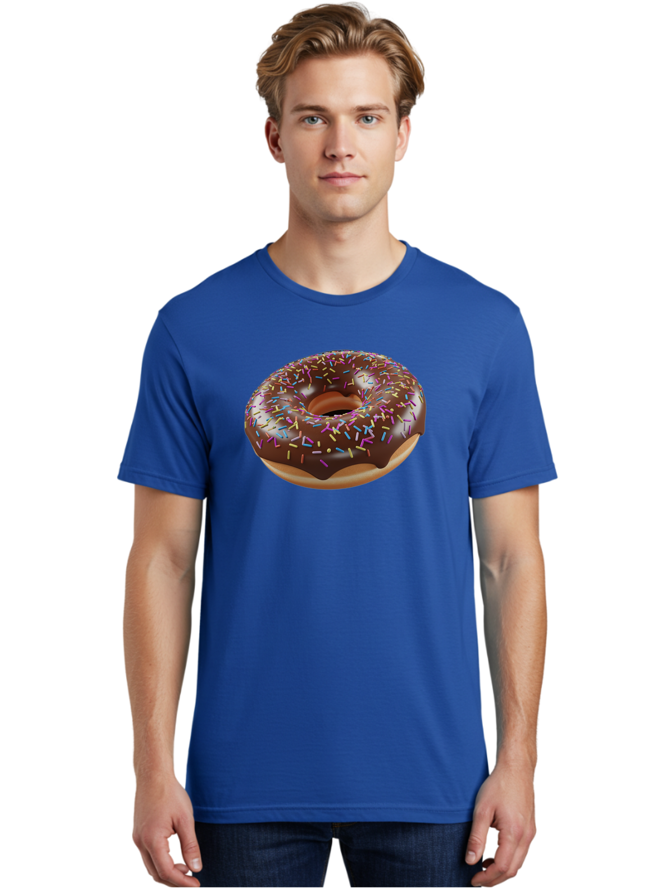 Chocolate-Donut-With-Sprinkles Men'S Graphic Tee, 100% Cotton, Comfortable Casual Summer Wear, Machine Washable, Chocolate Donut, Donut With Sprinkles, Sweet Treat, Baked Goods, Colorful Dessert, Tasty Pastry, Chocolate Frosting, Sprinkles, Bab747