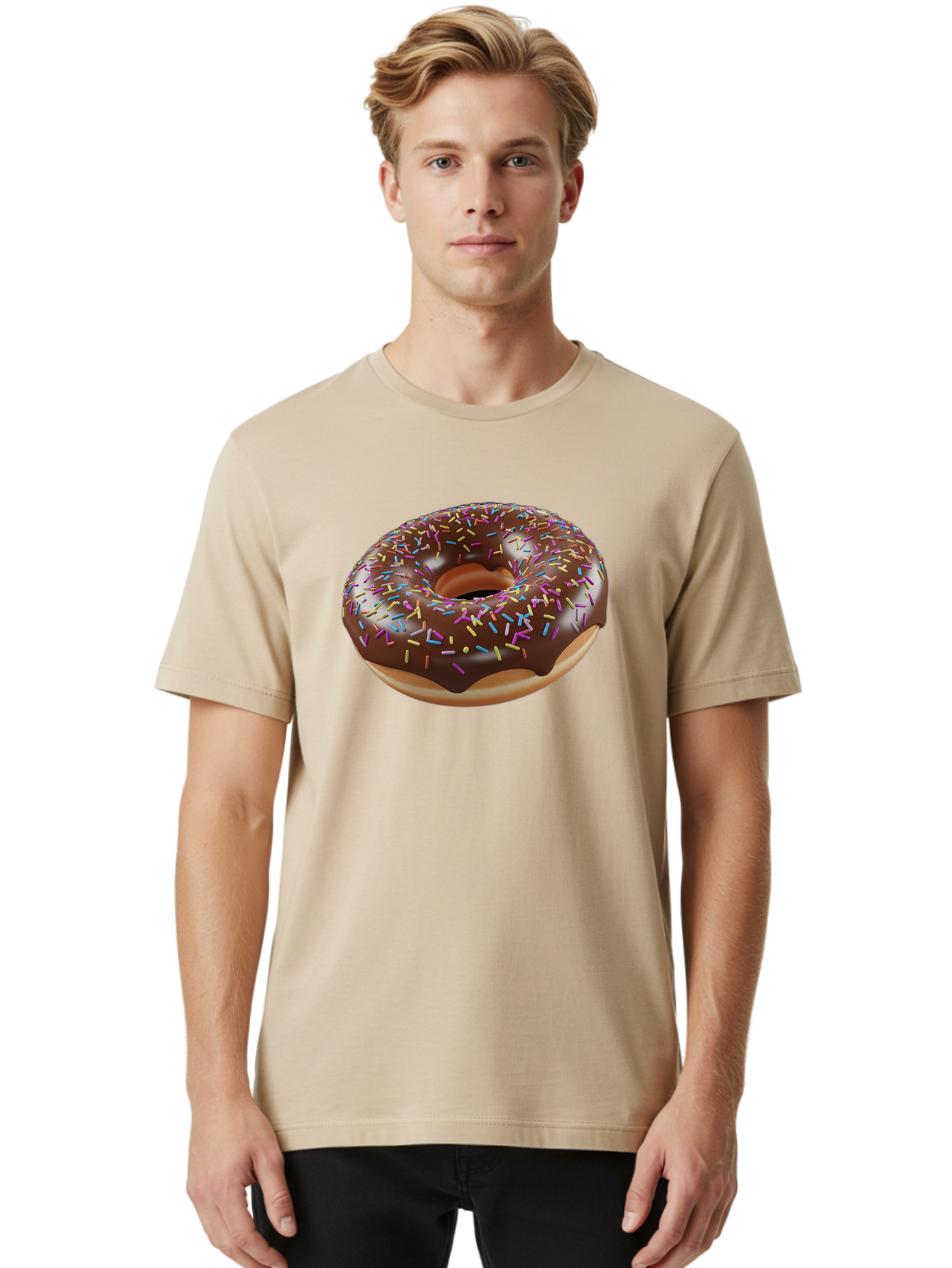 Chocolate-Donut-With-Sprinkles Men'S Graphic Tee, 100% Cotton, Comfortable Casual Summer Wear, Machine Washable, Chocolate Donut, Donut With Sprinkles, Sweet Treat, Baked Goods, Colorful Dessert, Tasty Pastry, Chocolate Frosting, Sprinkles, Bab747