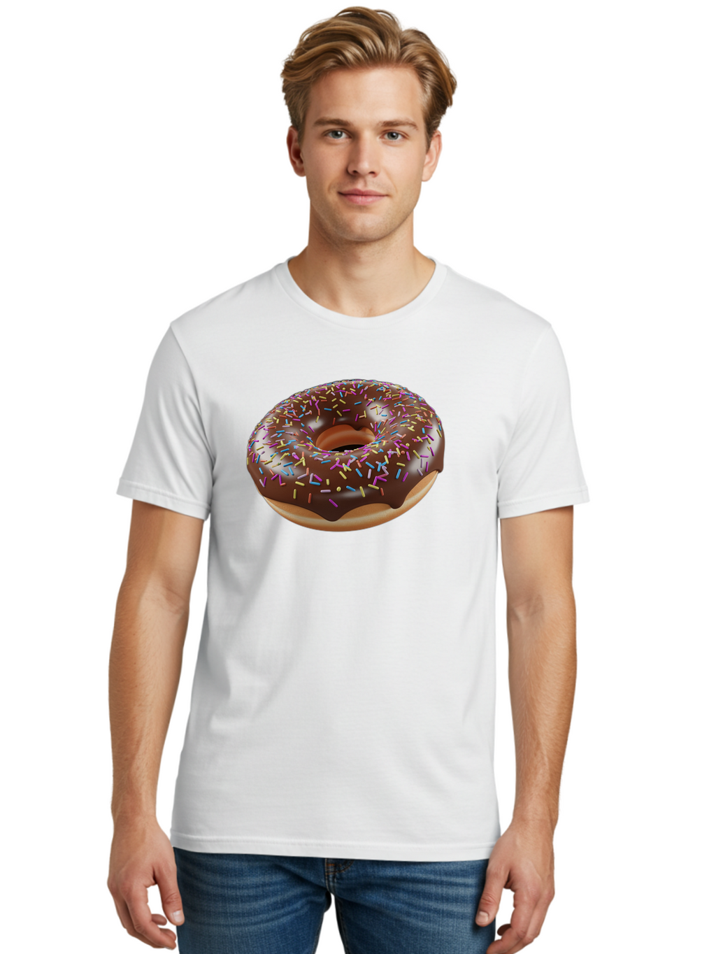 Chocolate-Donut-With-Sprinkles Men'S Graphic Tee, 100% Cotton, Comfortable Casual Summer Wear, Machine Washable, Chocolate Donut, Donut With Sprinkles, Sweet Treat, Baked Goods, Colorful Dessert, Tasty Pastry, Chocolate Frosting, Sprinkles, Bab747