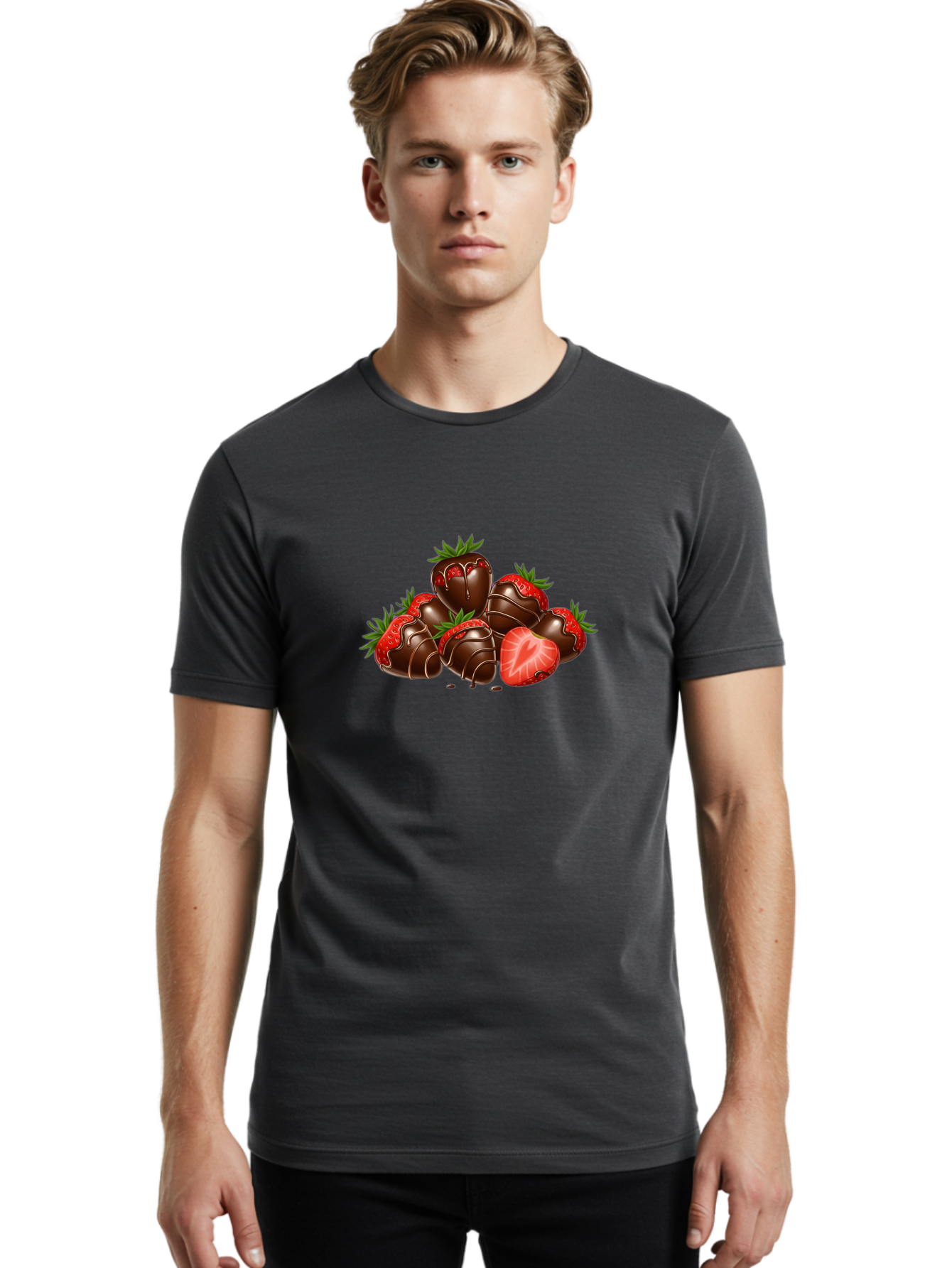 Chocolate-Strawberries Men'S Graphic Tee, 100% Cotton, Comfortable Casual Summer Wear, Machine Washable, Chocolate-Covered Strawberries, Sweet Treats, Dessert Ideas, Strawberry Dessert, Chocolate Strawberries, Indulgent Treats, Bab748