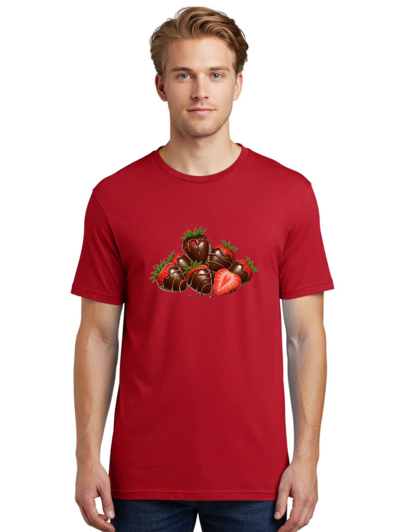 Chocolate-Strawberries Men'S Graphic Tee, 100% Cotton, Comfortable Casual Summer Wear, Machine Washable, Chocolate-Covered Strawberries, Sweet Treats, Dessert Ideas, Strawberry Dessert, Chocolate Strawberries, Indulgent Treats, Bab748