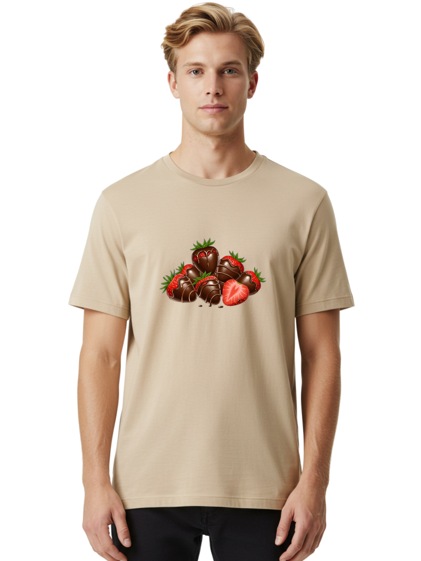 Chocolate-Strawberries Men'S Graphic Tee, 100% Cotton, Comfortable Casual Summer Wear, Machine Washable, Chocolate-Covered Strawberries, Sweet Treats, Dessert Ideas, Strawberry Dessert, Chocolate Strawberries, Indulgent Treats, Bab748