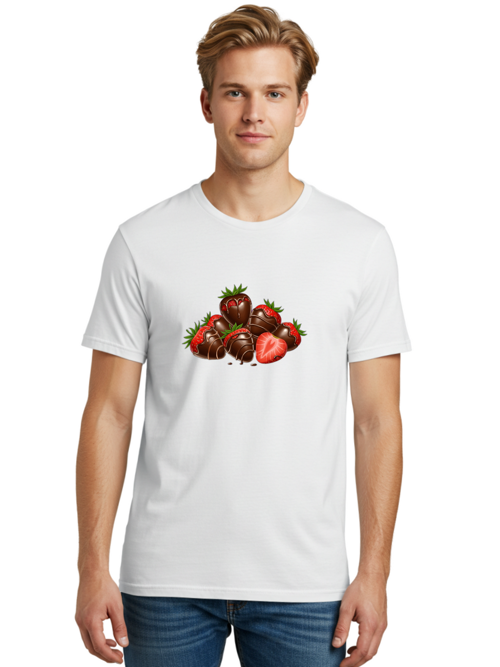 Chocolate-Strawberries Men'S Graphic Tee, 100% Cotton, Comfortable Casual Summer Wear, Machine Washable, Chocolate-Covered Strawberries, Sweet Treats, Dessert Ideas, Strawberry Dessert, Chocolate Strawberries, Indulgent Treats, Bab748