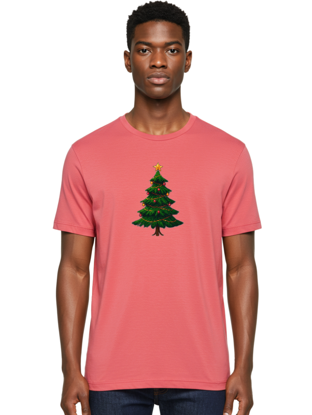 Christmas-Tree-1 Men'S Graphic Tee, 100% Cotton, Comfortable Casual Summer Wear, Machine Washable, Christmas Tree Illustration, Decorated Tree, Festive Decorations, Red And Gold Ornaments, String Lights, Golden Star, Holiday Season, Bab749